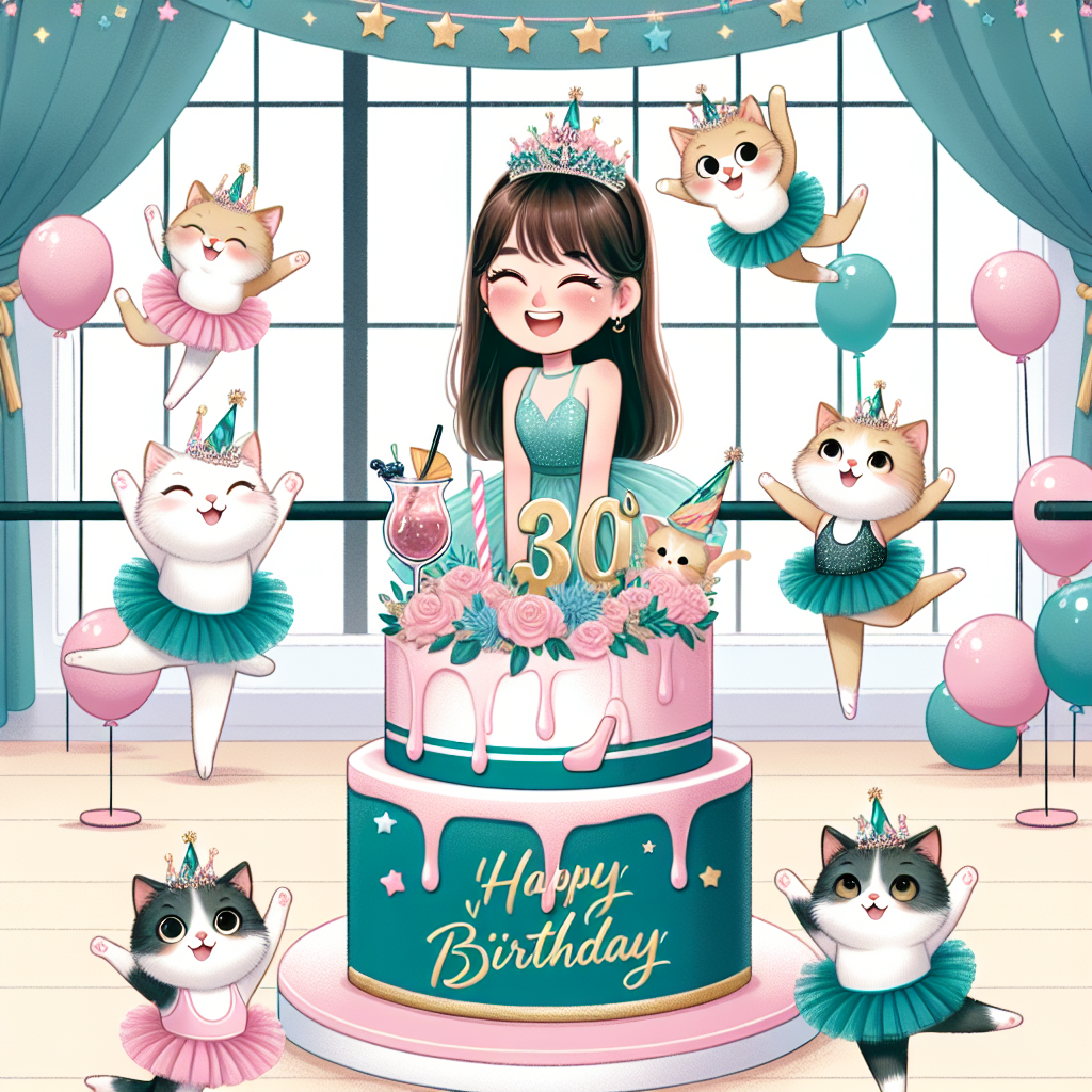 Create a charming illustration for a 30th birthday celebration featuring a mix of teal and pink hues as a color scheme. In the center, an overjoyed South Asian daughter is surrounded by playful cats, all wearing tiny ballet tutus. The backdrop portrays a festive gym scene. A grand birthday cake graces the entire atmosphere, adorned with cocktail toppers, imparting a touch of elegance to the scene.
Generated with these themes:  30 Daughter Teal Pink Ballet cats gym cake cocktails .
Made with ❤️ by AI.