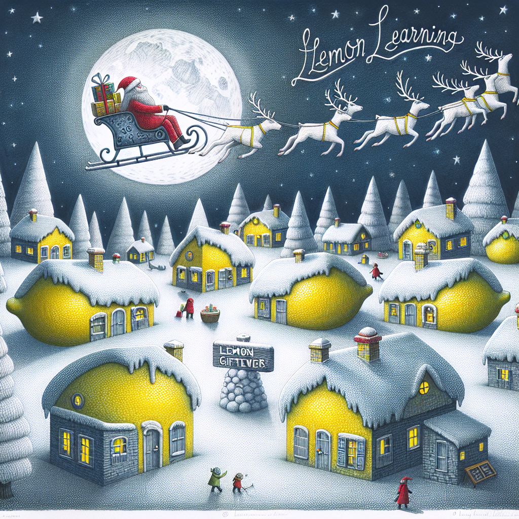 The illustration captures a snowy Christmas village with lemon-shaped houses, each decked out in holiday decor. Santa, in his sleigh, flies overhead, led by lemon-reindeer. The moon above is gently cradling the phrase 'Lemon Learning', giving a dreamy feel to the wintry night scene.
Generated with these themes: Lemons, and Santa.
Made with ❤️ by AI.