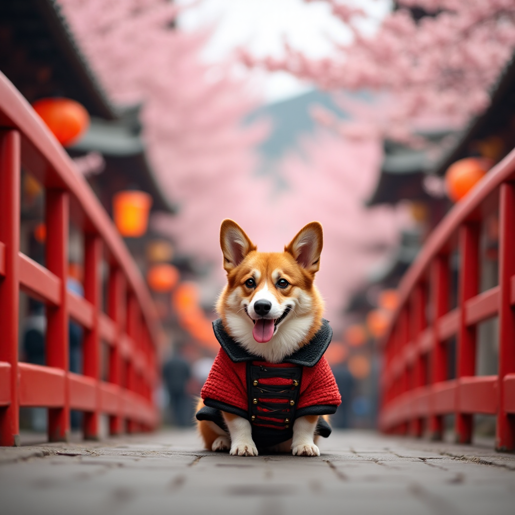 **Image Prompt:**

Picture this: A wide-angle shot of a bustling Japanese street during a vibrant festival. In the foreground, a cheerful corgi, dressed in a miniature samurai outfit, eagerly peeks over a traditional red bridge. The background is a beautiful blur of colorful lanterns and cherry blossom trees in full bloom, all captured in stunning 4K UHD detail. The corgi’s tongue playfully hangs out as if it's laughing at an inside joke.

To add to the fun, a small caption in the corner reads: "Corgi-licious Birthday Wishes from Japan – May Your Year Be Paw-sitively Amazing!"

This image will capture the spirit of celebration with a humorous twist, perfect for bringing a smile to the birthday celebrant’s face.
Generated with these themes: Japan, Corgi , and .
Made with ❤️ by AI.