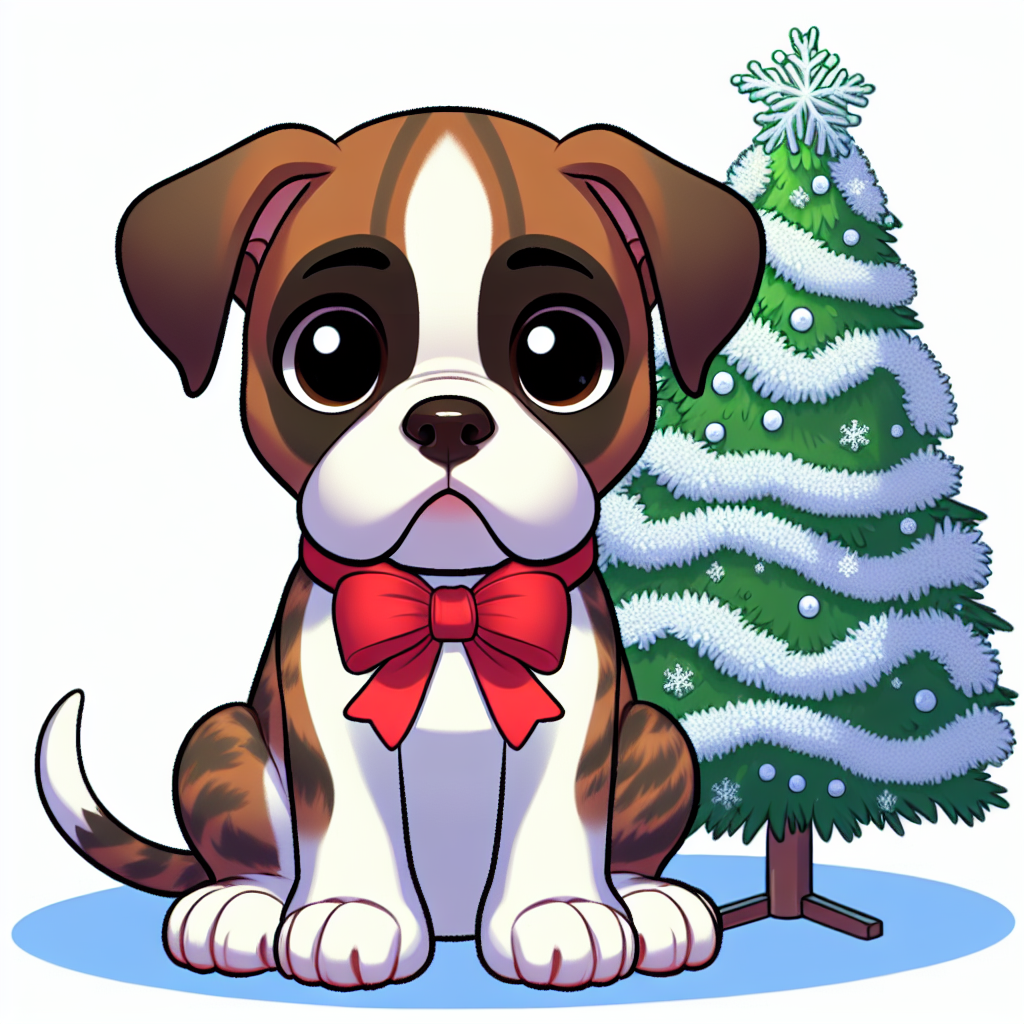 Picture a young, brindle and white boxer dog with an innocent kitten appeal sitting beside a frosted Christmas tree. In this cartoon, the pup's soft brown eyes are wide with excitement as it dons a neatly tied red bow, the gentle falling snowflakes completing the festive scene.
.
Made with ❤️ by AI.