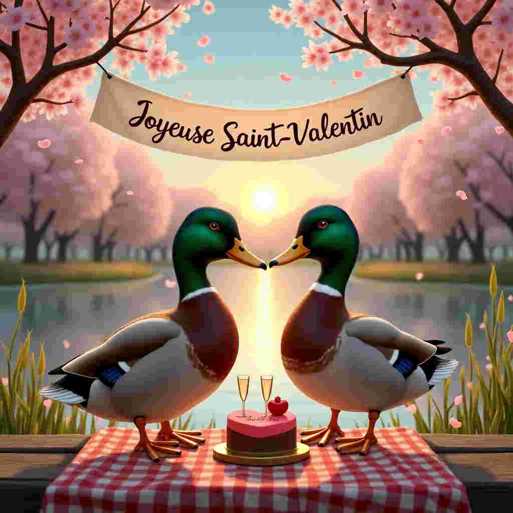 Front and center, two incredibly lifelike ducks are depicted in a romantic pose, beaks tenderly touching, creating the illusion of a kiss. The male duck, named Mozar, is characterized by his striking green head, shimmering in the light, with a distinctive white ring around his neck and iridescent brown chest feathers. His wife, a beautiful female duck, boasts subtle earthy tones of brown with delicate specks of white.

The scene is set in a picturesque park by a serene pond. The water in the pond glistens, reflecting the rich colors of the sunset—hues of orange, pink, and purple that fade into the horizon. Tall reeds line the pond, their tips gently swaying in the soft breeze.

A rustic wooden picnic table is nestled nearby, adorned with a charming red and white checkered tablecloth. Upon it sits a small, heart-shaped cake, iced in a vibrant red, with the word "Grics" elegantly piped in white frosting. Next to the cake, a bottle of sparkling cider stands with two glasses waiting to be filled.

Overhead, a banner stretches between two elegantly arched willow trees. The banner is crafted from creamy white fabric, with the words "Joyeuse Saint-Valentin" painted in flowing, romantic script. Each letter is delicately decorated with tiny red hearts and subtle gold embellishments.

In the background, a cluster of cherry blossom trees is in full bloom, their branches adorned with a profusion of soft pink blossoms, lending a sweet fragrance to the air. The ground is scattered with fallen petals, creating a gentle pink carpet beneath the ducks.

The sky is a deepening blue, sprinkled with the first hints of evening stars, as a gentle twilight descends upon the idyllic setting. This enchanting Valentine's Day scene encapsulates the serene beauty of nature and the joy of togetherness.
Generated with these themes: i want to generate a saint valentin card two ducks are kissing the male name mozar and his wife saying happy saint valentin to Grics workers in french .
Made with ❤️ by AI.