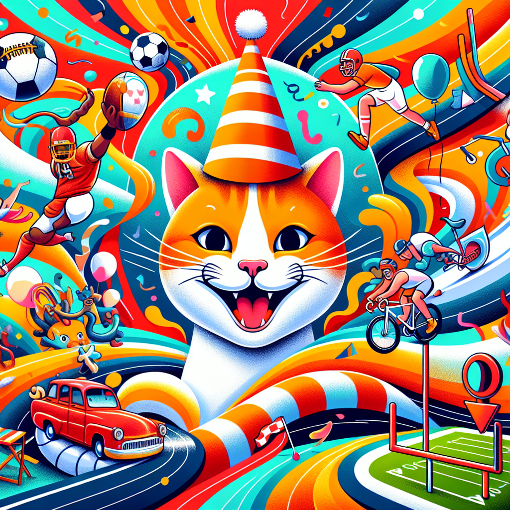 Depict a jubilant orange and white cat wearing a celebratory birthday hat against a vibrant, playful background that evokes a sense of celebration. The cat is surrounded by elements alluding to a popular American football game, including a petite cartoon football and goalposts. On one side, incorporate a caricature of an unidentified cyclist navigating a serpentine road as an indication of a love for cycling. Conclude the theme with a slightly reduced illustrated wrestling ring positioned in the corner, where unnamed, differently-sized performers involved in a sporting match are presenting an element of sports-based entertainment to the birthday spectacle.
Generated with these themes: Orange and white cat, Nfl, Cycling, and WWE.
Made with ❤️ by AI.