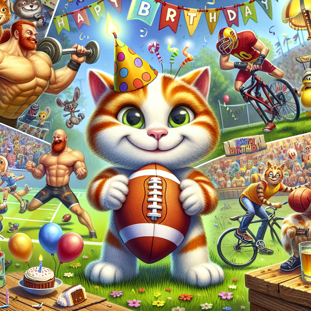 In this imaginative birthday scene, a delightful cat with orange and white fur is at the center of the action, wearing a little party hat and a playful grin. The background is alive with birthday festivity, adorned with generic American football themes, including a small football and cartoon-like characters engaged in a match in mid-play. One corner of the image celebrates cycling, featuring a whimsically drawn cyclist pedaling along a trail. Meanwhile, in another corner, an animated wrestling match takes place in a cartoonish ring, incorporating the spirit of professional wrestling into this unique birthday ambiance.
Generated with these themes: Orange and white cat, Nfl, Cycling, and WWE.
Made with ❤️ by AI.