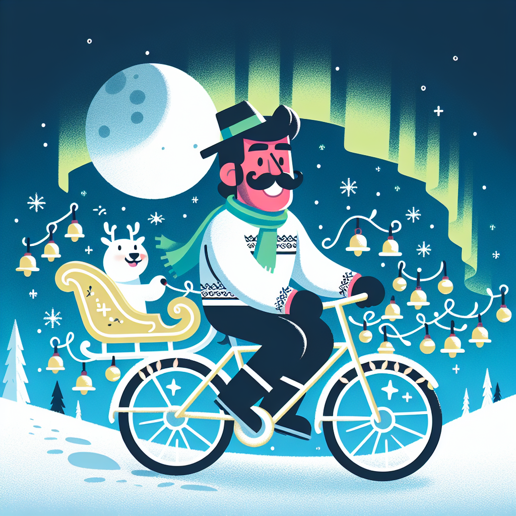 A whimsical illustration depicts a joyous man on a bicycle adorned with jingling bells and twinkling lights, pedaling through a snowy landscape towards the magical Lapland. Behind him, a trail of delicate snowflakes follows, while ahead, the Northern Lights dance across the starry sky, with Santa's sleigh silhouetted against the moon.
Generated with these themes: man cycling to lapland.
Made with ❤️ by AI.