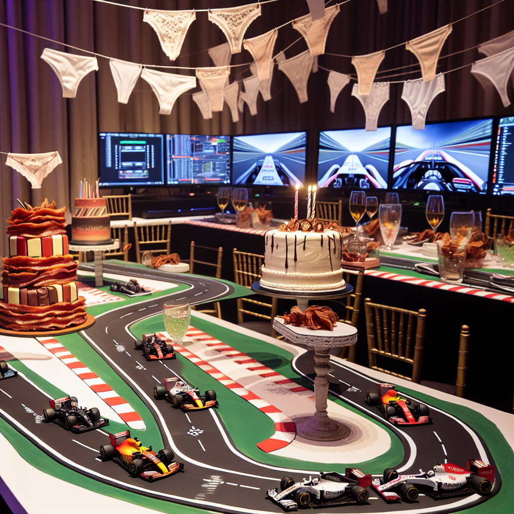 Imagine a lively birthday festivity influenced by the grandeur of F1 racing and the sophistication of PC gaming rigs. Each table is adorned with centerpiece designs that mimic race tracks, featuring tiny cars in an intense race to gain the lead. A corner of the room is allocated to a top-notch gaming setup, where PCs are engaged in running the state-of-the-art F1 simulator games. Party favors drawing inspiration from lingerie are humorously draped over the walls, offering a risqué yet playful twist. The spotlight of the party is a delectable bacon-flavored birthday cake, accompanied by napkins shaped and designed like lingerie - a blend of foodie indulgence and an unusual theme.
Generated with these themes: F1, PC gaming, lingerie, bacon.
Made with ❤️ by AI.