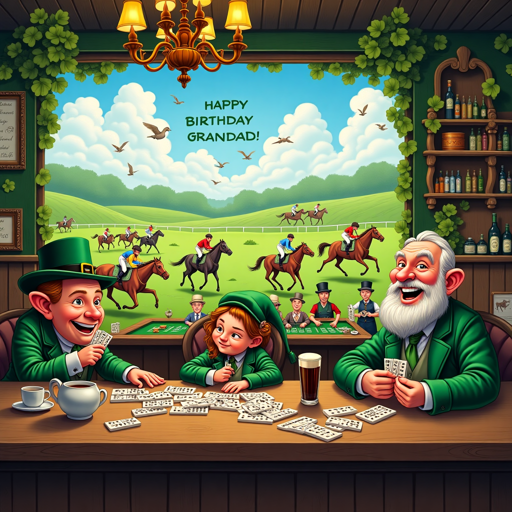 Picture a whimsical, bustling pub set in the verdant hills of Ireland, bursting with vibrant colors and intricate details. The scene is a cacophony of joyous chaos. In the foreground, a long, polished wooden bar stretches across the card. Atop it, an array of half-full teacups balances precariously beside a domino game mid-action, with a few tiles toppling over the edge. 

Seated at the bar, a merry old man with twinkling eyes—our beloved Grandad—clutches a deck of playing cards. His face is animated with laughter as he shares a jovial jest with a leprechaun seated beside him, who is wearing a bowler hat and clutching a tiny pint of stout. Scattered around the pub, lively groups of caricatured patrons dressed in Edwardian attire are engaged in animated gambling at various card tables.

Through the large windows of the pub, the outside world teems with activity. A vibrant horse racing track sprawls into the distance, complete with multicolored jockeys astride comical horses, each sporting exaggerated expressions of glee as they gallop in wild abandon. Beyond the racetrack, lush, rolling hills stretch under a sky whimsically painted with billowing clouds. Among these clouds, in a playful nod to our dear Grandad, a flock of birds has arranged themselves to spell out "HAPPY BIRTHDAY GRANDAD!" in the sky. 

The background features traditional Irish musicians tapping their feet to the rhythmic beats, their instruments harmonizing with the laughter echoing through the pub. Everywhere you look, small, delightful details abound, from the shamrocks subtly etched into the wallpaper to the horseshoe-shaped chandelier overhead. Each element of the scene contributes to the delightful pandemonium of Grandad's fantastical birthday celebration.
Generated with these themes: horse racing, gambling, dominos, cards, pub, tea, irish, lot of laughing .
Made with ❤️ by AI.