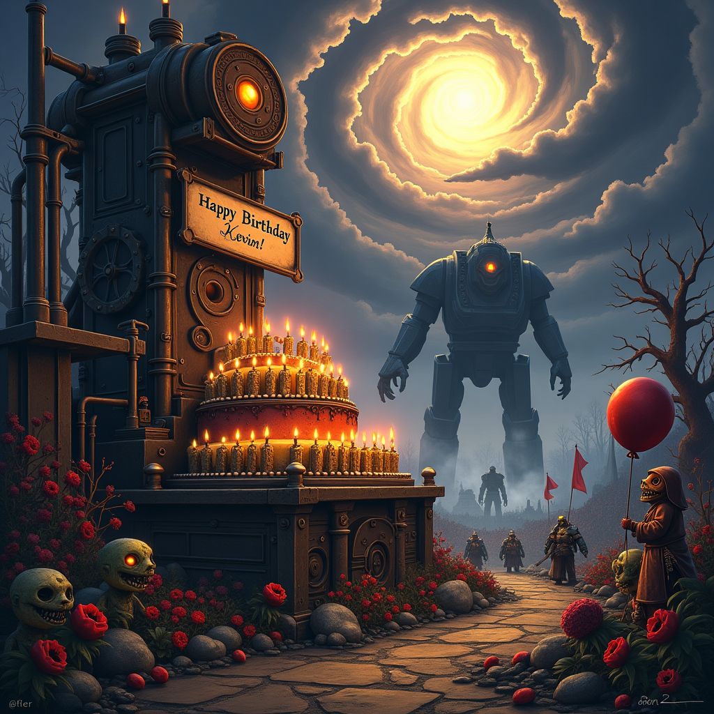 In the foreground of this solemn birthday-themed scene, an elaborately crafted Mechanicus forge stands, its gears turning and steam billowing from copper pipes. At its heart, a majestic cog-shaped birthday cake with rivets around its edges takes center stage, adorned with glowing candles shaped like small Tech-Priests, their robes fluttering in an unseen wind. Above the cake, a mechanized banner unfolds, crafted from aged parchment, intricately detailed with gothic script, spelling out "Happy Birthday Kevin!" in a metallic sheen.

To the left, a Nurgle-infested garden blooms in grotesque glory. Fungus-tentacled trees tower ominously, their branches weeping with toxic dew, while bloated flowers with twisted petals emit a sickly sweet glow. Among the decaying undergrowth, tiny Nurglings cavort mischievously, their gnarled faces frozen in grotesque delight. A single Nurgling holds a birthday balloon, its skin an unsettling shade of green, tied with a string that writhes as if alive.

In the background, an epic Warhammer 40k battlefield stretches across the horizon, with towering cathedrals of the Imperium jutting into the sky like jagged stalagmites. To the right, a squad of Space Marines, clad in ceremonial armor that glimmers under a surreal moonlight, march solemnly, carrying banners depicting emblems of valor and fortitude. Behind them, the silhouetted outline of a massive Titan looms, its mechanical limbs frozen in mid-stride.

The sky is a swirling vortex of deep purples and inky blacks, where the clouds twist into a chaotic dance of forms. Amidst the chaos, the name "Kevin" emerges, subtly etched into the clouds by the hand of fate, illuminated by faint glimmers of starlight that peek through the tempest.

Every element is rendered with a meticulous attention to detail, drawing inspiration from the intricate linework of Aubrey Beardsley and the whimsical intricacies of Maurice Sendak, balanced by the dramatic compositions reminiscent of Gustave Doré. This scene is a tapestry of contrasts, weaving together the grandiosity of Warhammer 40k with the eerie beauty of the Nurgle garden, creating a unique and captivating narrative for Kevin's birthday.
Generated with these themes: Warhammer 40k, Mechanicus, and Nurgle .
Made with ❤️ by AI.
