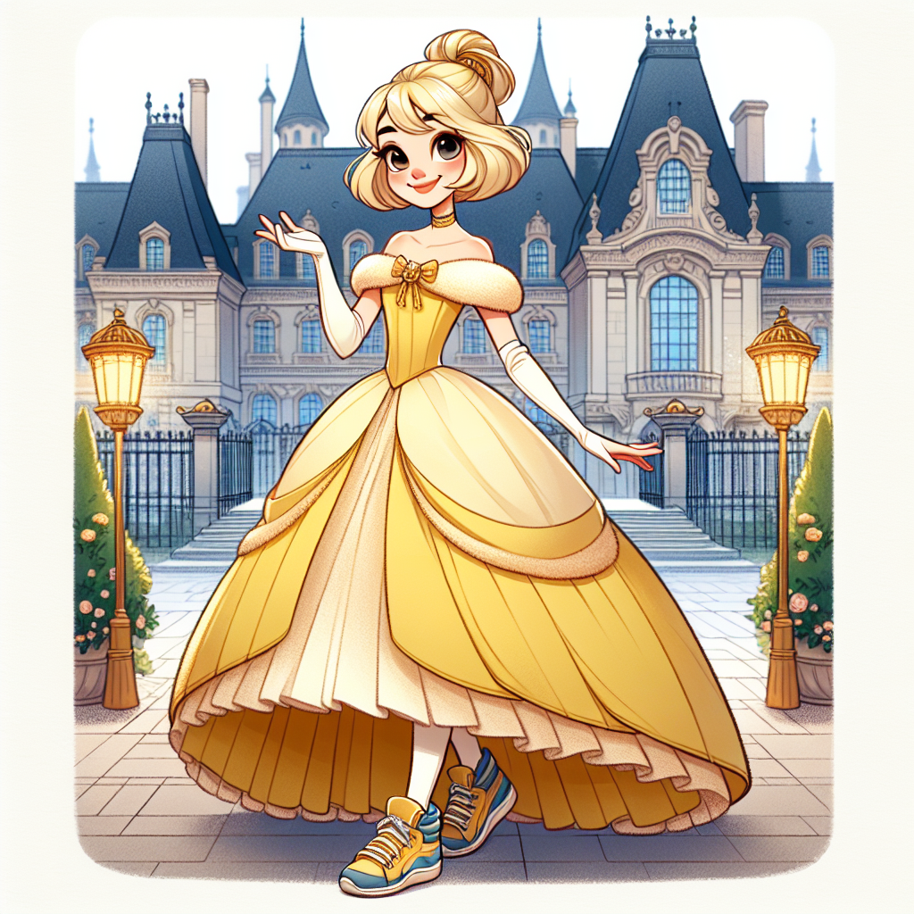 Illustrate a delightful moment featuring a princess character inspired by classic fairytales. This princess is dressed in an exquisite yellow gown, yet sports a pair of comfortable sneakers for a contemporary touch to her timeless look. She has a blond bob hairstyle that bounces with vivacity. This princess stands before a grand castle, reminiscent of settings in stories like 'Beauty and the Beast.' With a gentle smile, the princess offers thanks, her poise and charisma enchanting viewers in this tableau.
Generated with these themes: Beauty and the Beast, Disney Princess Belle, Disney style , Disney Castle , and Woman with blond bob hair in a gown and wearing sneakers.
Made with ❤️ by AI.