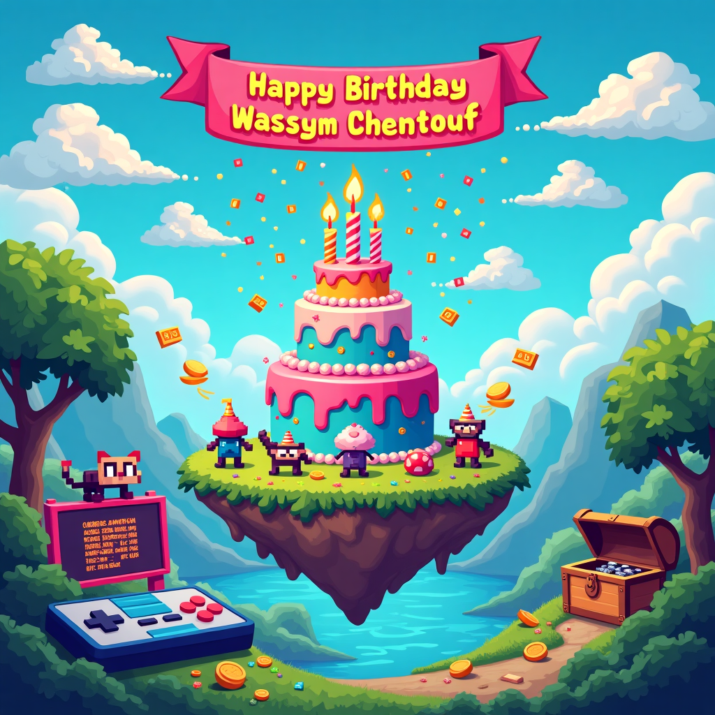 In a whimsical digital video game world, the scene is set on a vibrant birthday island floating in the sky. The island is constructed in pixelated, 8-bit style, reminiscent of retro video games. A colossal, multi-tiered birthday cake sits at the center, its icing a playful palette of neon blues, pinks, and greens, with animated pixel flames flickering atop its candles. In front of the cake, a large banner made from pixellated clouds hovers in the sky, spelling out "Happy Birthday Wassym Chentouf" in bright, blocky letters that mimic classic arcade fonts.

Around the cake, quirky, anthropomorphic characters derived from classic games—such as a pixelated mushroom, a cube-shaped dragon, and a tiny, jumping plumber—dance in a jubilant circle. To the side, a treasure chest bursts open, releasing a cascade of confetti and gold coins that hover mid-air, defying gravity in this playful universe. A pixelated cat, donning a party hat, bats playfully at the floating coins. The background is a tapestry of digital landscapes: pixel trees with square leaves, a river of shimmering binary code, and a sky where Tetris blocks drift lazily like clouds. 

In the foreground, an animated game controller lies on the ground, its buttons lighting up rhythmically, synced to the dance of the characters. An oversized digital scoreboard stands to the side, cheerfully displaying "Level Up! Wassym Chentouf - Age: Next Level!" Each element in this vibrant, joyous landscape contributes to a story where Wassym's birthday is the ultimate celebration in this delightful gaming world.
Generated with these themes: In video game style. .
Made with ❤️ by AI.