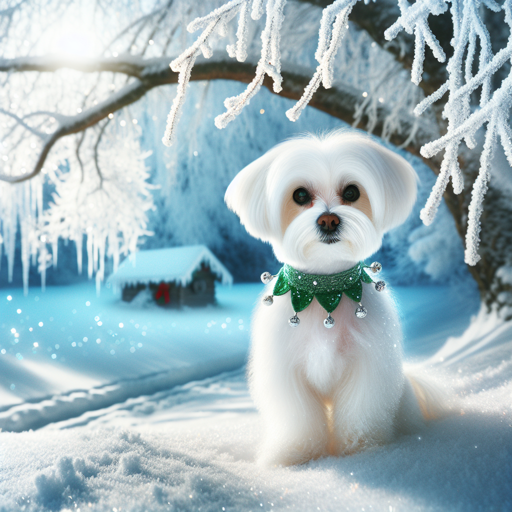 The scene is a winter wonderland where an elegant adult Maltese Dog, slender and graceful, enjoys the holiday spirit. Its pure white coat is complemented by a green elf collar, and its dark brown eyes radiate warmth amidst the chilly Christmas setting.
.
Made with ❤️ by AI.