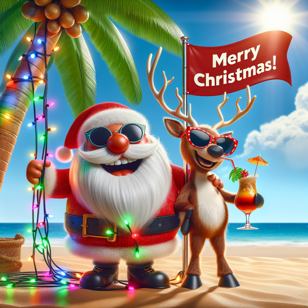 A jovial Santa Claus stands beside a chuckling reindeer, both sporting sunglasses. Santa is tangled in a string of colorful Christmas lights, attempting to decorate a palm tree, while the reindeer holds a tropical drink with a tiny umbrella. A banner flutters above them with the words 'Merry Christmas!' set against a sunny beach backdrop.
Generated with these themes: Santa, and Reindeer.
Made with ❤️ by AI.