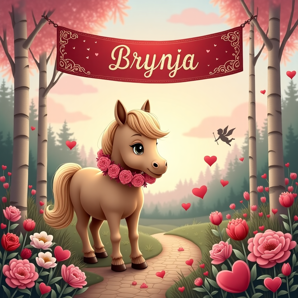 The scene is a whimsical and detailed Valentine's Day garden setting, filled with enchanting and quaint details reminiscent of an illustrated fairytale.

**Foreground:**

- **Beige Pony:** A charming, small beige pony with a silky mane and gentle eyes stands prominently in the foreground. Its coat is a warm, soft shade of beige with a hint of cream, and it sports a subtle glossy sheen that catches the light. The pony wears a delicate garland of pink and red roses around its neck.

- **Valentine's Banner:** Above the pony, suspended between two slender birch trees, hangs a festive banner made of red velvet fabric with intricate gold embroidery. The word "Brynja" is elegantly written across the banner in an ornate, curly script, the letters adorned with small heart motifs.

**Background:**

- **Garden Setting:** The background features a lush garden scene, inspired by a quaint English countryside, with various elements:

  - **Floral Beds:** A profusion of blooming flowers, including peonies, tulips, and daisies, in shades of pink, red, and white. The flowers are depicted in exquisite detail, with intricate petals and rich textures.

  - **Garden Path:** A winding cobblestone path meanders through the garden, dotted with tiny red and pink hearts as if strewn by a playful cupid.

  - **Heart-Shaped Trees:** A few small trees with heart-shaped foliage in various hues of pink and deep green line the garden path, creating a picturesque, almost whimsical atmosphere.

**Sky:**

- **Soft Twilight:** The sky is a soft twilight hue, a blend of pastel pink and lavender, sprinkled with twinkling silver stars. Delicate clouds float gently, tinged with the warm glow of an imagined sunset.

- **Cupid's Silhouette:** Near the top of the card, a subtle silhouette of a mischievous cupid with an arrow, outlined against the evening sky.

The overall composition merges the quaint and fantastical, drawing inspiration from the detailed and expressive style of artists like Beatrix Potter and Arthur Rackham, with an emphasis on rich, warm colors and intricate linework. This Valentine's Day scene is teeming with storybook charm, offering a feast for the eyes while maintaining a playful and magical essence.
Generated with these themes: Beige color pony.
Made with ❤️ by AI.