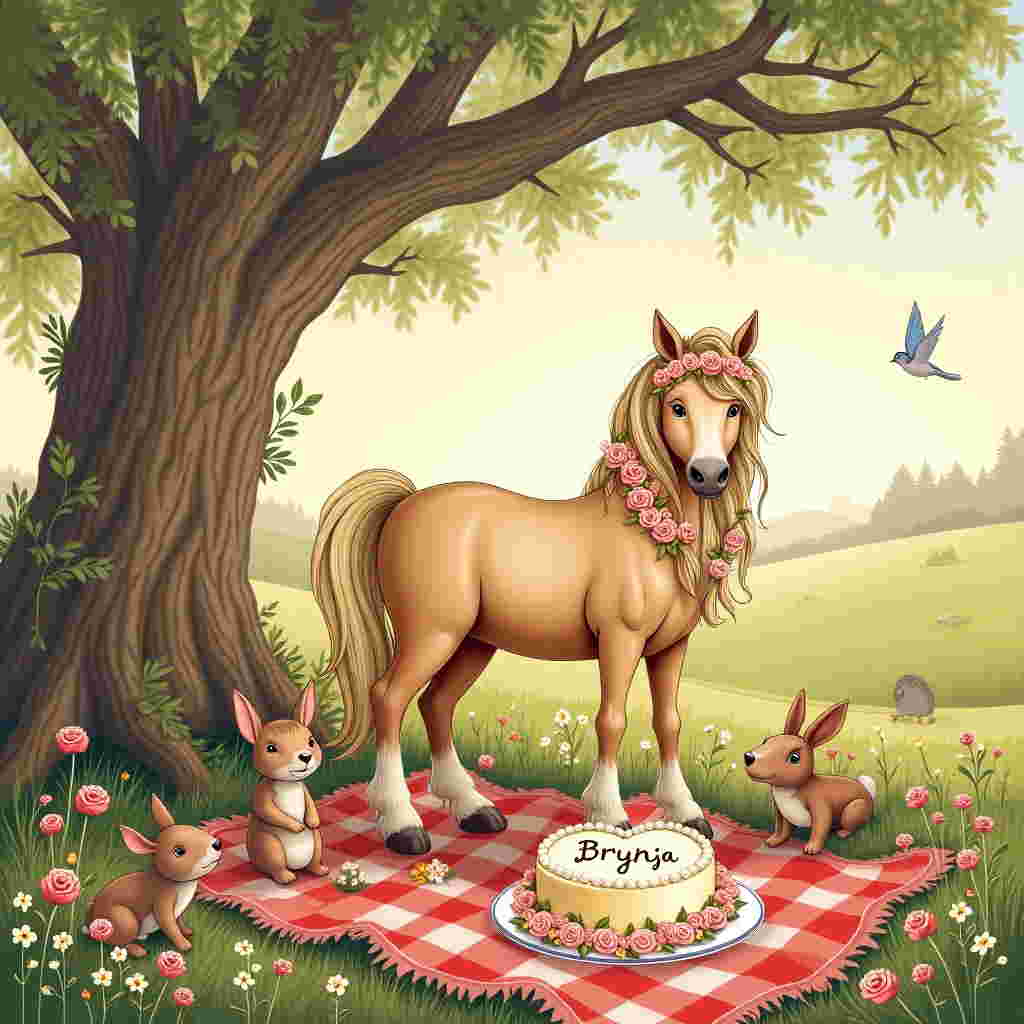 The front cover of the greeting card will be a charming blend of whimsy and detail, drawing from the illustrative storytelling styles of classic artists. Center the scene around a cozy, picturesque countryside picnic setting with a large, gnarled tree spreading its branches across the top edge of the card. 

Underneath the tree, a beige-colored pony with flowing, soft mane stands gracefully on a lush carpet of wildflowers and tall, verdant grass. The pony's coat glistens with subtle shades of golden beige and cream, capturing the light in a way that highlights its gentle curves and elegant stance. Around its neck is a garland of pastel pink and white roses, intricately detailed with soft pencil strokes, reminiscent of Arthur Rackham's delicate line work.

Nestled next to the pony is a vintage-style picnic blanket in a checkered pattern of soft reds and creams, channeling the warmth of a Norman Rockwell painting. On the blanket sits an ornate, heart-shaped cake with delicate piping and sugar flowers—its icing a creamy, inviting ivory. Inscribed in the icing, in a playful, hand-lettered script reminiscent of Quentin Blake's style, is the name "Brynja."

Scattered around the picnic scene are a selection of illustrated woodland creatures inspired by Beatrix Potter. A pair of curious rabbits peek from behind the tree trunk, while a family of hedgehogs scuttle nearby, their quills beautifully detailed with fine lines. In the branches above, birds flit about, their wings capturing the vibrant hues of a Maxfield Parrish sky—a rich gradient from golden to soft lavender as the sun sets in the background.

The background is a serene, softly blurred meadow stretching into a horizon of distant hills, evoking a Maurice Sendak-like depth and wonder. Delicate vines and blossoms wrap around the borders of the scene, providing an intricate frame that ties the entire illustration together in a harmonious balance.
Generated with these themes: Beige color pony.
Made with ❤️ by AI.