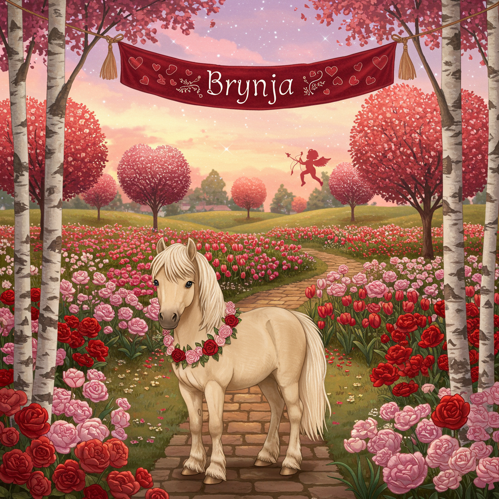 The scene is a whimsical and detailed Valentine's Day garden setting, filled with enchanting and quaint details reminiscent of an illustrated fairytale.

**Foreground:**

- **Beige Pony:** A charming, small beige pony with a silky mane and gentle eyes stands prominently in the foreground. Its coat is a warm, soft shade of beige with a hint of cream, and it sports a subtle glossy sheen that catches the light. The pony wears a delicate garland of pink and red roses around its neck.

- **Valentine's Banner:** Above the pony, suspended between two slender birch trees, hangs a festive banner made of red velvet fabric with intricate gold embroidery. The word "Brynja" is elegantly written across the banner in an ornate, curly script, the letters adorned with small heart motifs.

**Background:**

- **Garden Setting:** The background features a lush garden scene, inspired by a quaint English countryside, with various elements:

  - **Floral Beds:** A profusion of blooming flowers, including peonies, tulips, and daisies, in shades of pink, red, and white. The flowers are depicted in exquisite detail, with intricate petals and rich textures.

  - **Garden Path:** A winding cobblestone path meanders through the garden, dotted with tiny red and pink hearts as if strewn by a playful cupid.

  - **Heart-Shaped Trees:** A few small trees with heart-shaped foliage in various hues of pink and deep green line the garden path, creating a picturesque, almost whimsical atmosphere.

**Sky:**

- **Soft Twilight:** The sky is a soft twilight hue, a blend of pastel pink and lavender, sprinkled with twinkling silver stars. Delicate clouds float gently, tinged with the warm glow of an imagined sunset.

- **Cupid's Silhouette:** Near the top of the card, a subtle silhouette of a mischievous cupid with an arrow, outlined against the evening sky.

The overall composition merges the quaint and fantastical, drawing inspiration from the detailed and expressive style of artists like Beatrix Potter and Arthur Rackham, with an emphasis on rich, warm colors and intricate linework. This Valentine's Day scene is teeming with storybook charm, offering a feast for the eyes while maintaining a playful and magical essence.
Generated with these themes: Beige color pony.
Made with ❤️ by AI.