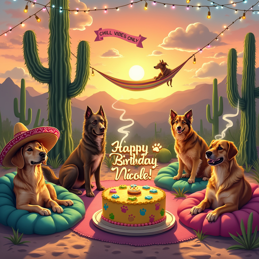 In a vibrant, sun-soaked desert landscape where cacti cast long shadows, a group of cheerful dogs have thrown a birthday fiesta for their friend Nicole. At the center of the scene is a large, colorful birthday cake perched atop a picnic table. The cake is frosted in bright yellow and decorated with playful paw prints, with a topper spelling out "Happy Birthday Nicole!" in sparkling letters that glint in the warm sunlight. Surrounding the table are a variety of dogs, each of different breeds, lounging lazily on oversized cushions that resemble sun-baked stones. Some dogs are wearing whimsical sombreros, while others sport sunglasses perched on their noses. A few of the dogs are puffing away on amusingly oversized, rolled-up dog treats resembling comical joints, with wisps of smoke curling up to the sky where fluffy clouds, shaped like bones, drift by. In the background, a tall saguaro cactus stands proudly, adorned with twinkling fairy lights that are just starting to glow as the sun begins to dip toward the horizon, painting the sky in hues of pink and orange. A banner strung between two cacti reads "Chill Vibes Only," while a warm breeze rustles through the air, causing a small tumbleweed to roll past. Near the edge of the scene, a hammock is tied between two cacti, with one of the dogs gently swaying in the breeze, a contented smile on its face. This whimsical and playful celebration captures the essence of a carefree, fun-filled birthday under the blazing sun.
Generated with these themes: Dogs, Marijuana, and Hot country.
Made with ❤️ by AI.