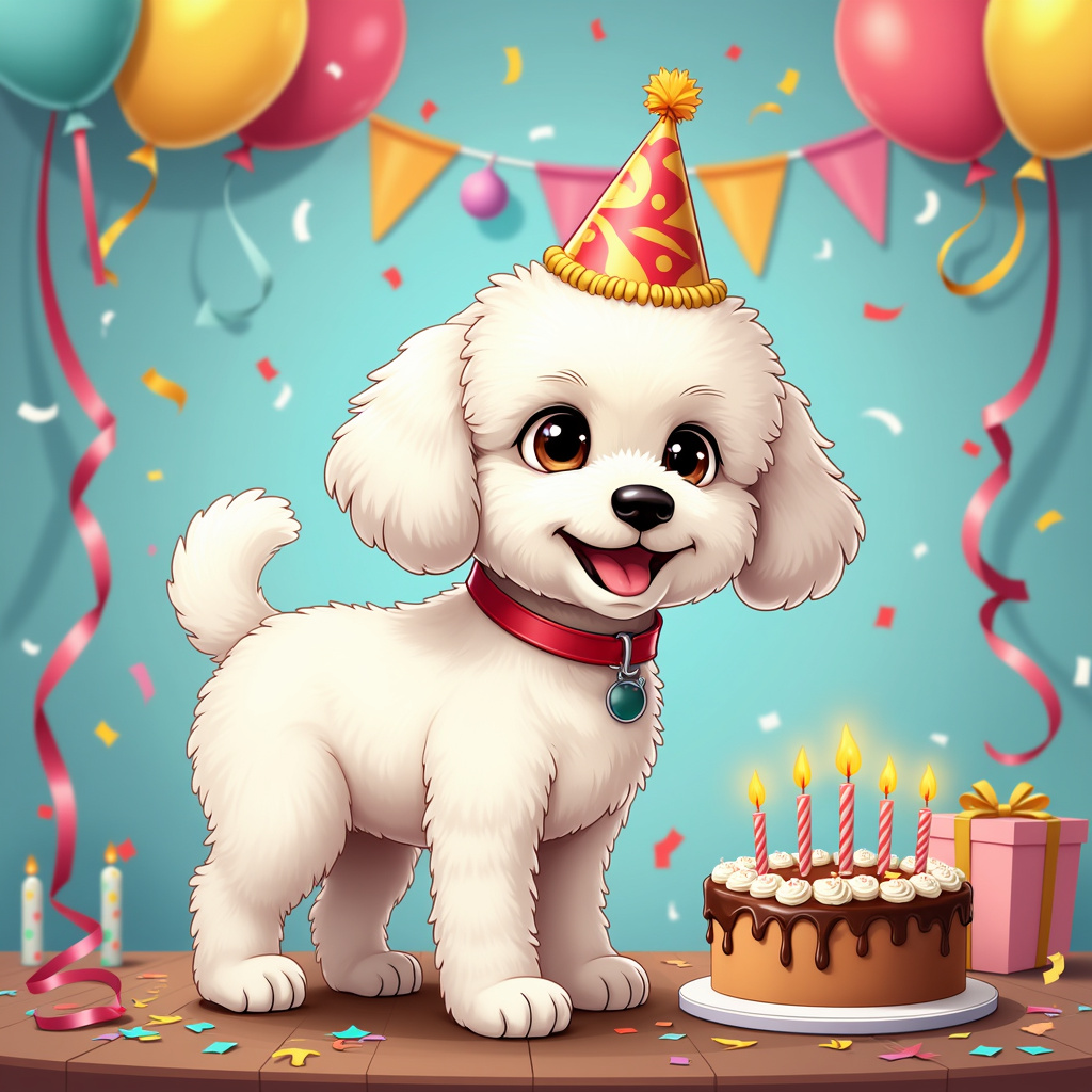 In a charming cartoon birthday setting, an adult Bichon Frise dog with a white coat and black eyes stands happily. The dog is dressed in a festive party hat, with bright balloons and vibrant streamers all around. A birthday cake adorned with candles sits nearby, while the backdrop is filled with lively decorations and confetti.
.
Made with ❤️ by AI.