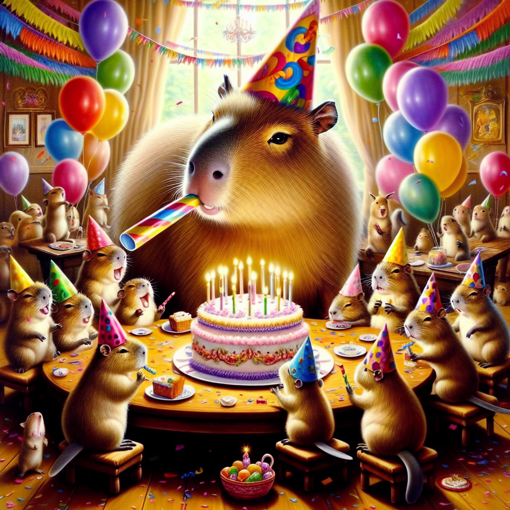 An enchanting depiction of a party scene displaying a gregarious capybara at the nucleus of a birthday festivity. The capybara is encompassed by an assortment of tiny animals all wearing vibrant party hats, cheerfully partaking in the celebration. The capybara's face beams with a broad grin as it gleefully blows into a festive, multicolored party blower. The setting is amplified with the presence of whimsical streamers and confetti scattering about, exuding an atmosphere of joy and exhilaration. Tucked away in the backdrop, a large, inviting birthday cake, adorned with flickering candles, awaits on a table, enticing the guests to partake in a delectable indulgence.
Generated with these themes: Capybara.
Made with ❤️ by AI.