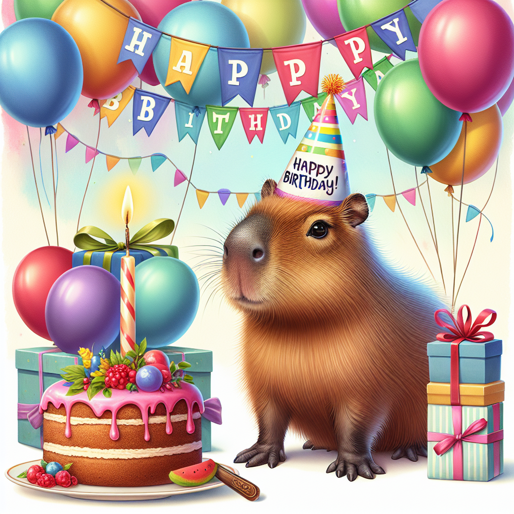 Create a whimsical image that features a charming capybara wearing a miniature birthday hat. This capybara is the centerpiece of a vibrant birthday celebration, surrounded by a multitude of colorful balloons that gently float in the air, creating a festive atmosphere. A joyful banner in the background cheerfully proclaims 'Happy Birthday!' with a lively font. Nearby, a stack of gifts, carefully wrapped and tied with ribbons of various hues, waits patiently to be unwrapped. Lastly, a sumptuous slice of birthday cake, topped with a single lit candle, is positioned in front of the capybara, ready to be wished upon and extinguished.
Generated with these themes: Capybara.
Made with ❤️ by AI.