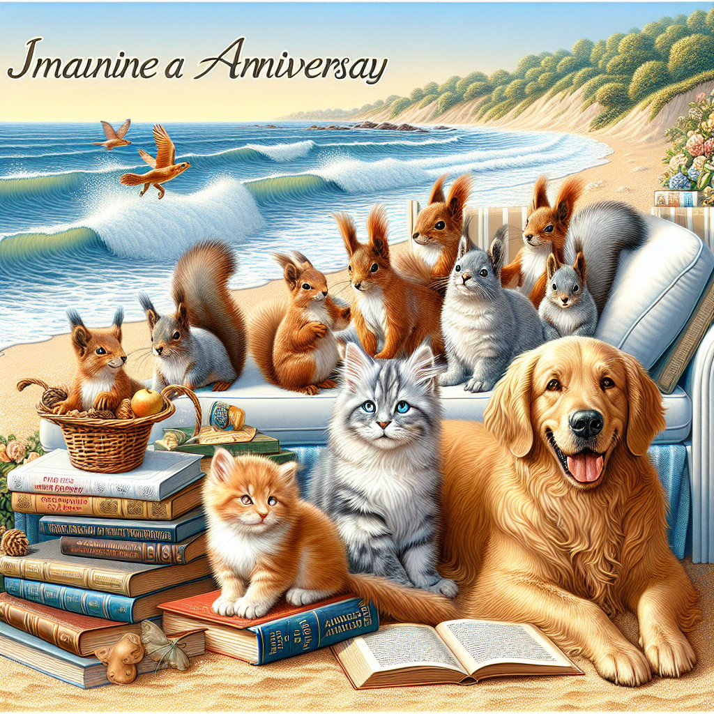Imagine a serene anniversary event by the sea, where cheerful squirrels frolic within the sand dunes, filling the air with lively delight. Comfortable Maine coon kittens nestle among a collection of classic literature, encouraging visitors to recline and bask within the peaceful ambiance. Golden retrievers, faithful and affectionate, explore without restraint, their sunny fur gleaming under the sunlight, contributing an additional layer of warmth to the festivities. This endearing setup seamlessly merges the coziness of a dwelling with the picturesque allure of the seaside, fabricating a captivating and adorable realistic setting.
Generated with these themes: Squirrels , Maine coon kittens, Golden retrievers , Books, and Seaside .
Made with ❤️ by AI.