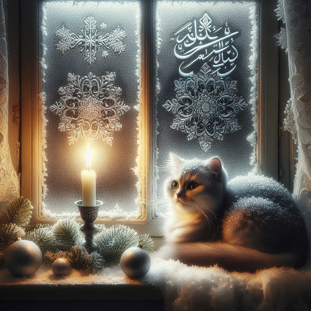 A snow-dusted scene where a somber gray cat sits in the glow of a single candle on a windowsill, with the text 'Mahwish Ali' etched in the frost on the glass. The small Christmas tree in the corner is adorned with simple, handcrafted ornaments, casting subtle shadows in the dim room.
Generated with these themes: Cat.
Made with ❤️ by AI.