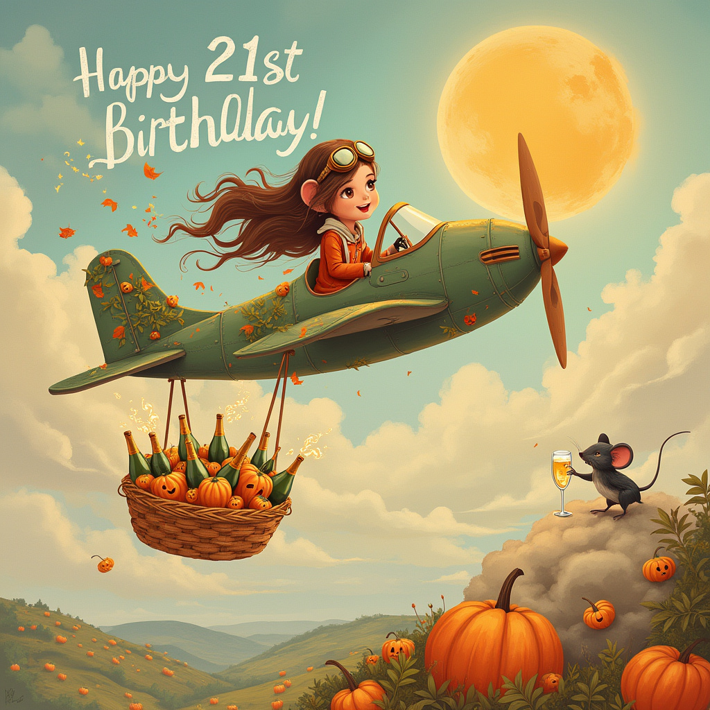 The front cover of the birthday card showcases a whimsical illustration set high above the clouds where fantasy and reality converge in a delightful mix. Imagine a retro-style airplane, inspired by the golden age of aviation, soaring through a pastel sky at the center of the scene. This plane, with its wings adorned with vibrant pumpkin vines, each pumpkin carved with smiling faces, carries a unique cargo—a large basket suspended from its belly. The basket overflows with tiny champagne bottles, their corks popping joyfully, and each cork trailing a small cloud-like puff, forming a trail in the sky. 

Inside the cockpit, the young lady, Ellie, with her cascading brown hair flowing in the wind, is piloting the plane with an expression of jubilant excitement. Her pilot's goggles rest playfully atop her head, and she's dressed in a vintage aviator jacket, slightly oversized, adding a quirky touch to her look. 

As the plane trails across the sky, the clouds magically part to reveal the words "Happy 21st Birthday Ellie" whimsically spelled out in the clouds. Below, a tapestry of gently rolling hills can be seen, dotted with pumpkin patches, hinting at an autumnal setting. 

In the far background, a sun dipped in Maxfield Parrish-esque hues of gold and lavender begins its descent, casting a warm glow over the entire scene. Perched on a cloud, a mischievous little mouse, reminiscent of Beatrix Potter’s beloved characters, clinks a tiny champagne glass with a bird companion, adding a touch of whimsy and celebration. 

The scene bursts with detail and imagination, capturing the essence of an adventurous 21st birthday journey, cleverly intertwined with all the requested themes and prominently featuring Ellie's name in a creative manner.
Generated with these themes: Travelling, Plane, Young lady with brown hair, Pumpkins, Champagne, and 21st birthday.
Made with ❤️ by AI.