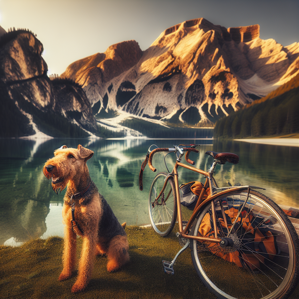 Create a warm and serene image that includes towering mountains stretching across the horizon. There's a well-worn bike resting at the edge of a tranquil mountain lake, complete with a dog leash draped over the handlebars leading to an eager Airedale Terrier. The energetic dog is focused on the floating swimming gear nearby, indicating the family's love for both land and water activities. This scene conveys tranquility, adventure, and a strong love for the outdoors.
Generated with these themes: Biking, Airedale, mountains, swimming .
Made with ❤️ by AI.