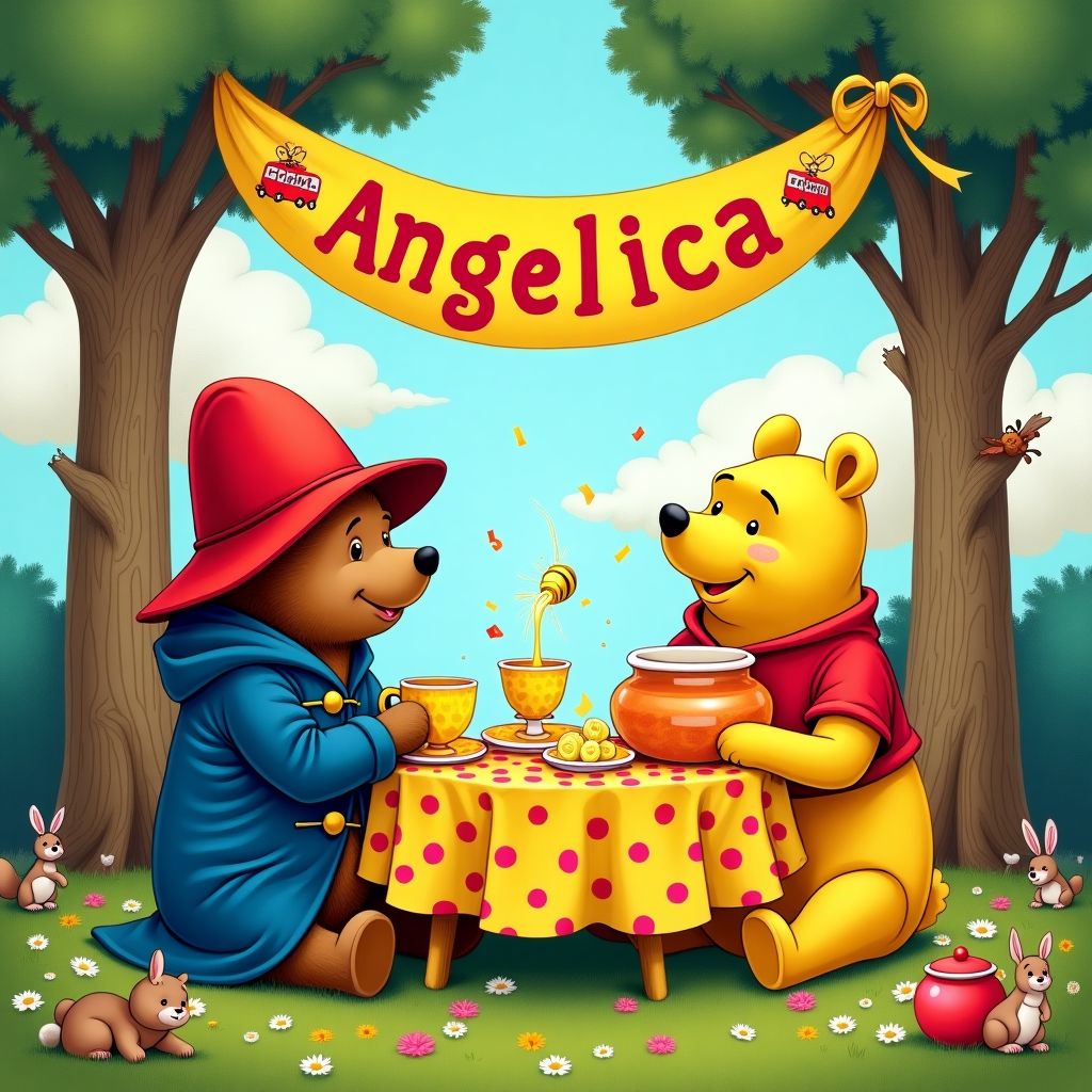 In the vibrant and whimsical world of our birthday card, Paddington Bear and Winnie the Pooh find themselves seated at a delightfully colorful tea party table. 

**Foreground Elements:**

- **Paddington Bear**: Sitting on the left, Paddington is wearing his classic red hat and blue duffle coat, slightly oversized with exaggerated buckles. He's holding a bright yellow teacup that matches the color of a honey pot nearby.
  
- **Winnie the Pooh**: On the right, Winnie the Pooh is depicted with a larger-than-life honey jar, which has some honey oozing out in a playful manner. He’s wearing his signature red shirt. 

**Background Elements:**

- **Tea Table**: The table is round and small, covered with a bright, multicolored polka dot tablecloth. Teacups and plates are whimsically oversized and mismatched, featuring patterns of honeybees and little red London buses.

- **Backdrop**: Behind the characters, there is a lush forest setting with exaggeratedly tall trees similar to those seen in Winsor McCay’s works. The trees are painted in vivid greens and have cartoonishly oversized leaves. 

- **Sky**: The sky above is a cerulean blue, with fluffy clouds. "Angelica" is written in vibrant, balloon-like letters across one of the clouds, creating a playful focal point. 

- **Banner**: A banner stretches between two trees with a festive array of colors—yellows, blues, and reds—reminiscent of the styles of Hergé. The banner features doodles of small bears and teapots dancing along the fabric.

**Other Details:**

- **Ground**: The grass under the table is a lush, almost exaggeratedly green, dotted with cartoonish, oversized daisies. 

- **Critters**: Small woodland creatures, such as rabbits and squirrels, are peeking from behind the trees, reminiscent of a Walt Disney style.

The entire scene is a symphony of color and exaggerated detail, borrowing the whimsical spirit of a Charles Schulz and Bill Watterson collaboration. The scene is lively, rich with hues, and playfully nods to the style of classic cartoons and comics while capturing the essence of a joyful birthday tea party.
Generated with these themes: Paddington bear and Winnie Pooh having tea.
Made with ❤️ by AI.