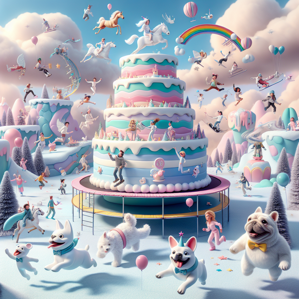 Imagine a whimsical birthday party in a surreal cartoon world. This world is adorned with floating islands where guests of different descents and genders participate in horse riding. This happens against a backdrop of pastel skies. Another island feature is snowy slopes where various cartoon characters engage in exaggerated skiing antics. White French bulldogs donned in bow ties are playfully chasing after icons that flutter around like butterflies. In the center of celebration is a gigantic, gravity-defying birthday cake. This cake bounces on a colossal trampoline sending waves of colorful icing into the air with each joyful leap.
Generated with these themes: Horse riding, Skiing, White French Bulldogs, TikTok, Trampolining, and Birthday Cake.
Made with ❤️ by AI.