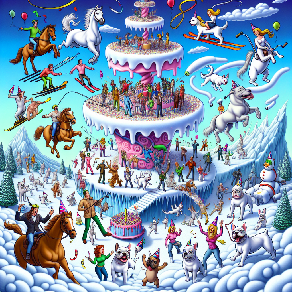 Imagine a surreal cartoon landscape, where we encounter a fantastical birthday festivity. Riders, both male and female from various descents, are seen on spirited horses galloping across clouds above. Adjacent to this, a frosty mountain presents itself, with skiers of differing genders and ethnic backgrounds performing daring flips. Below, cheerful white French bulldogs don party hats, bounding around in synchronization with the beats of energetic digital music. At the heart of this surreal celebration, a gigantic twirling birthday cake with a built-in trampoline stands invitingly for guests from diverse backgrounds to jump in jubilation. In the midst of this vibrant marvel of cartoon oddity, streamers and confetti continually whirl around.
Generated with these themes: Horse riding, Skiing, White French Bulldogs, TikTok, Trampolining, and Birthday Cake.
Made with ❤️ by AI.