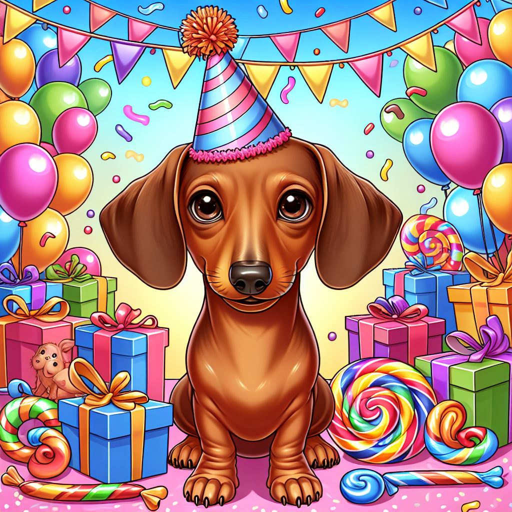 Imagine a delightful cartoon illustration filled with vibrant birthday decorations that create a joyful ambiance. Centre stage in this scene is an adult Dachshund dog of ordinary physique with a shiny brown fur coat that contrasts beautifully with the surrounding festive decor. This endearing dog, characterized by his expressive deep brown eyes, is spruced up for the celebration wearing a small party hat jauntily placed on his head, further enhancing the merriment of the occasion.
.
Made with ❤️ by AI.