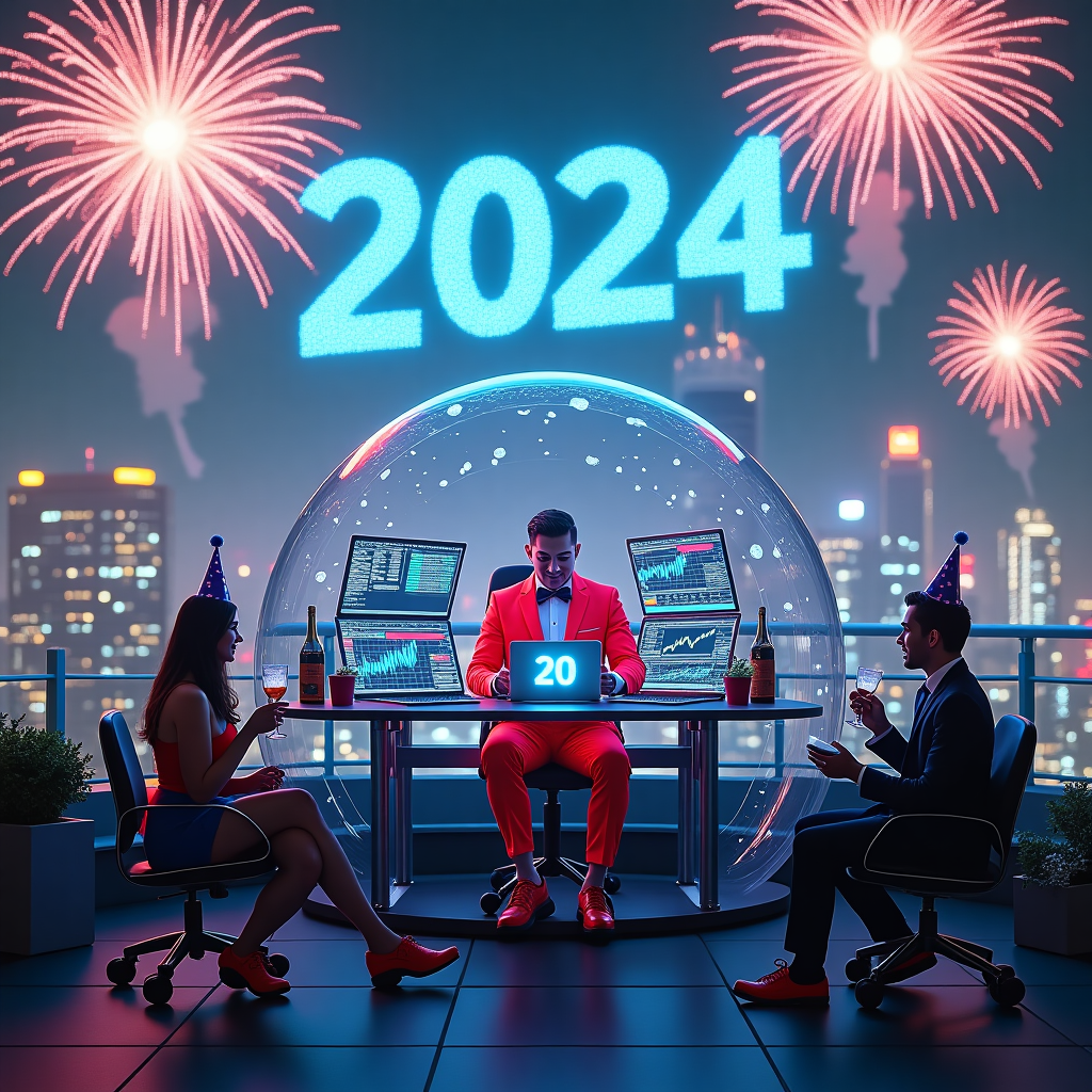 In the bustling heart of a futuristic cityscape, a New Year's Eve party takes an unexpected twist on a skyscraper rooftop. The scene is dominated by a grandiose, transparent dome that houses a lively trading room setup. Inside, a spirited trader in a vibrant, neon-colored suit, with a comically oversized bow tie, is perched on a sleek, modern desk cluttered with screens showing animated candlestick charts and stock tickers. His laptop is front and center, displaying an absurdly bullish chart that humorously climbs upward to form the digits "2024" in candlestick patterns. Around him, tiny robots on wheels—each sporting mini trading suits—are busily interacting with the charts, tweaking them with exaggerated, cartoonish seriousness.

Above this lively scene, the night sky is alight with a spectacular firework display, forming vibrant "Happy New Year" messages. Among the fireworks, an enormous drone-created light formation reads "Blue Bot Army" in dazzling blue, whimsically crafted to look like a constellation of stars. This message floats majestically among the explosions, adding a personal touch to the festivities. Scattered around the rooftop, guests wearing futuristic party hats sip on champagne flutes that comically resemble oversized stock exchange bells. One guest even holds a party horn shaped like a rocket, emphasizing the trading and New Year theme.

To the side, a giant digital countdown clock is embedded into the floor, its numbers humorously changing in tandem with the stocks on the screens, drawing laughter from the crowd. In the background, the skyline is peppered with other rooftops adorned with lights and decorations, completing this quirky, trading-themed New Year's celebration under the stars.
Generated with these themes: Trader with laptop charts candlestick stocks.
Made with ❤️ by AI.