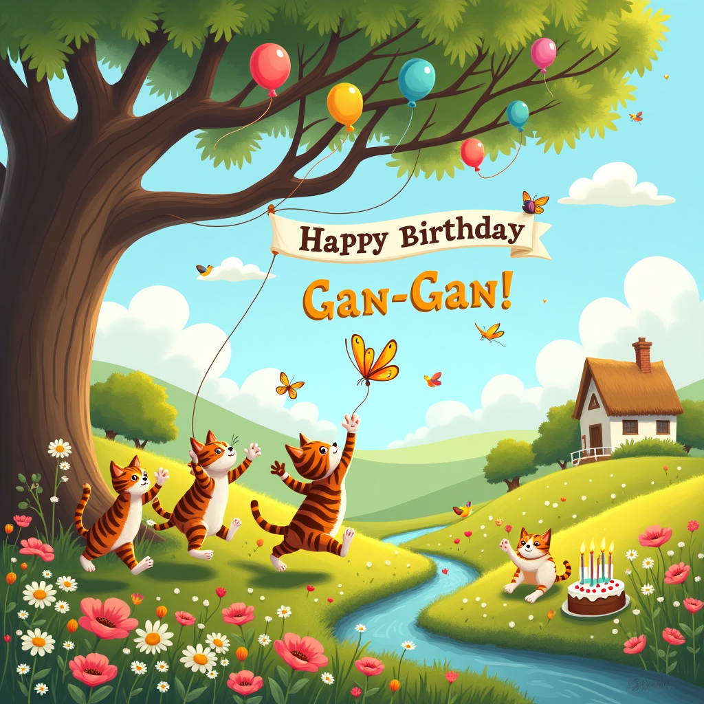 In this whimsical birthday illustration, the viewer is greeted by a delightful scene set in a lush, enchanting meadow that seems to be plucked from the pages of a dream. The field is awash with vibrant flowers of every conceivable hue—daisies, tulips, and poppies—forming a natural tapestry that sways gently in the breeze. In the foreground, a group of playful cats, each one uniquely adorned with a different pattern of stripes and spots, dart joyfully between the blossoms. One tabby cat is mid-leap, frozen in the air with its front paws outstretched towards a butterfly, its wings shimmering with iridescent colors.

The background of the scene is dominated by a grand, ancient oak tree whose sprawling branches stretch across the top of the image. Among these branches, a collection of colorful balloons is tied, their strings trailing down whimsically. A festive birthday banner is woven between the branches, and in a playful twist, the words "Happy Birthday Gan-Gan" are crafted from the clouds themselves. The letters are fluffy and white, floating gently across the sky, like a secret message from the universe.

Behind the oak tree, a rolling hillside can be seen, dappled with sun and shadow, and on top of one hill, a quaint little cottage with a thatched roof peeks out, adding a touch of Beatrix Potter-esque charm. Birds, with plumage of soft pastel colors, flit about the scene, their songs almost audible through the vibrant illustration. To the side, a small tea table is set with a birthday cake adorned with candles, each one a different color, ready to be lit. A gentle stream winds through the meadow, reflecting the blue sky and serving as a playful backdrop to this birthday celebration for "Gan-Gan."
Generated with these themes: Cats running on a field of flowers.
Made with ❤️ by AI.
