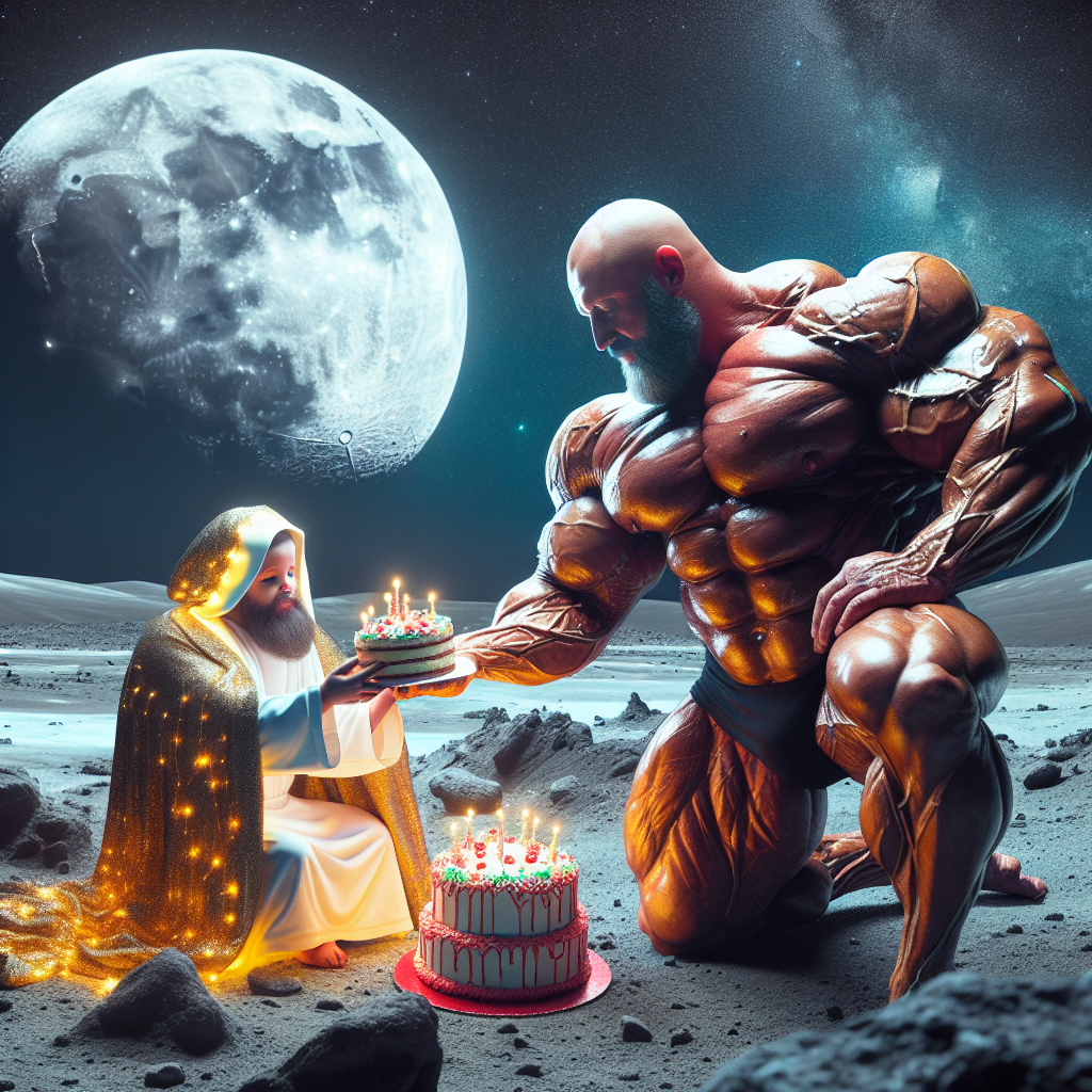 Baby Jesus being fed Christmas cake by Donald trump with a very long spoon, On the moon, Donald trump is really muscular , and Moon on a collision course with earth Christmas Card
