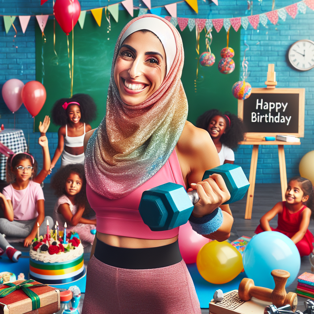 A vibrant and celebratory image showcasing a Middle-Eastern woman who is both a sister and a teacher. She's joyfully clad in workout clothes, nostalgically pictured amidst gym equipment such as dumbbells and a yoga mat that serve as a whimsical backdrop. The surrounding room is decorated in festive birthday attire - balloons, streamers, a chalkboard with 'Happy Birthday' elegantly written, as an emblem of her profession in teaching. Convey the warmth and joy of the celebration through the smiles and the active involvement of racially diverse characters who are partaking in the occasion.
Generated with these themes: Sister, Workout, Gym, and Teacher.
Made with ❤️ by AI.