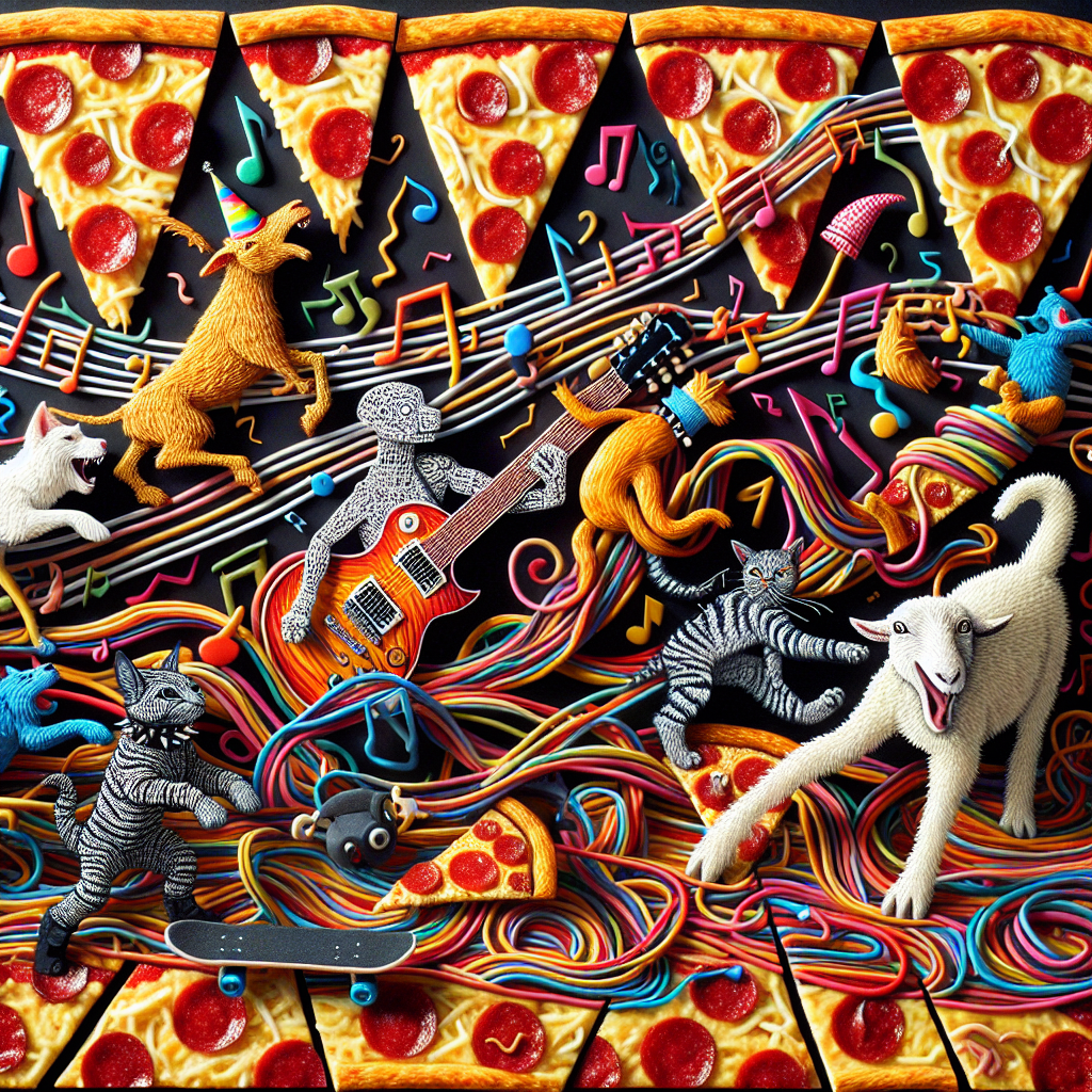 A colorful, imaginative birthday card characterized by a vibrant, contrasting color palette. The backdrop is made entirely of pepperoni pizza slices, arranged in an artistic, abstract fashion. A raw, gritty scene is carved out of electric guitar strings, twisting and contorting in wild patterns. Music notes morph into spinning skateboard wheels caught in a dizzying blur. Frolicking amid this spectacle is a varied crew of playful dogs, cats, and a goat. Each animal, be it a white male goat, a black female cat, or a Hispanic male dog, wears a punk rock studded collar and a comical birthday hat.
Generated with these themes: Pizza, Metal music, Skateboarding , Dogs, Cats, and Goats.
Made with ❤️ by AI.
