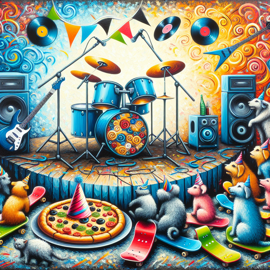 Create an abstract birthday scene painted with vigorous and daring strokes. A metal music concert forms the core of the scenario with guitars and drums setting the stage prominently. Disc-like Pizzas seem to double as funky vinyl records, amalgamating the musical theme with a quirky element of food. Street artist-inspired, vibrant skateboards are strewn across the canvas, forming ramps for the guests of honor - a group of party-hatted dogs, cats, and goats. These animals exhibit a slightly exaggerated, cartoonish enthusiasm, contributing to the overall wild and joyful ambiance of the celebration.
Generated with these themes: Pizza, Metal music, Skateboarding , Dogs, Cats, and Goats.
Made with ❤️ by AI.