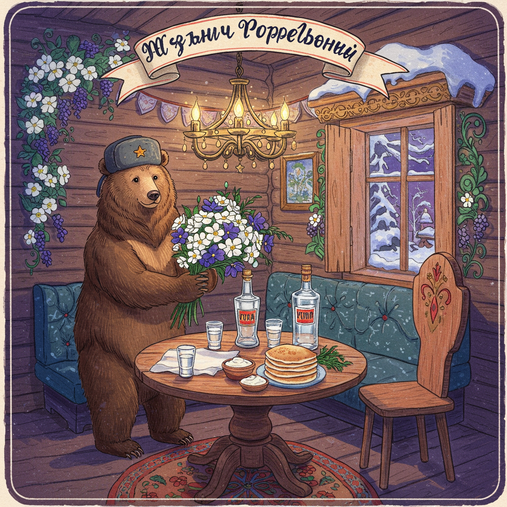 In the center of the greeting card, picture an elaborate, hand-drawn illustration bursting with detail and eccentricity, akin to a whimsical tableau. The scene is set in a cozy, quintessentially Russian dacha, with a quaint wooden facade, snow gently blanketing the roof and window sills, offering a crisp contrast to the deep purple evening sky.

Inside, the warm, golden glow from an ornate, wrought-iron chandelier illuminates the room, casting intricate shadows reminiscent of Aubrey Beardsley’s work. The walls are adorned with traditional Russian floral patterns, with vines of white and purple flowers creeping up, their intricate details meticulously captured like those found in Beatrix Potter's illustrations.

In the foreground, a round wooden table, skillfully carved with Slavic motifs, stands proudly. Atop it, there are two tumblers of vodka, the bottles nearby shaped in a way that brings to mind the whimsicality of Edward Gorey, their labels featuring Cyrillic script. The vodka is accompanied by an assortment of culinary delights - blini neatly stacked, adorned with dollops of sour cream and sprigs of dill, capturing a homely sense in the style of Norman Rockwell.

Adding a dash of humor and 'extra cringe', there is a life-sized, hand-drawn bear in a vibrant Russian ushanka hat, its paws clumsily yet affectionately attempting to arrange a bouquet of white and purple flowers, similar in their illustrative detail to the works of Maurice Sendak. The bear stands on its hind legs, its expression endearing yet slightly comical, evoking the humorous essence reminiscent of Quentin Blake.

Above this scene, a hand-lettered banner unfurls, written in an exaggeratedly swooping and fanciful script, carrying a cheesy and exaggeratedly romantic Russian phrase, with a winking emoji at the end, perfectly blending the traditional with the contemporary, just as Maxfield Parrish might.

In the background, the room is framed by rustic wooden beams and a roaring fireplace, the flames dancing energetically, crafted with a touch of Gustave Doré’s dramatic flair. This cozy nook, filled with eccentric and whimsical details, provides the perfect setting for a truly unique Valentine's Day greeting card cover, where tradition and modernity, humor and art intertwine in an unforgettable display.
Generated with these themes: 😋, White and purple, Flowers, Extra cringe , Something Russian, and Vodka .
Made with ❤️ by AI.