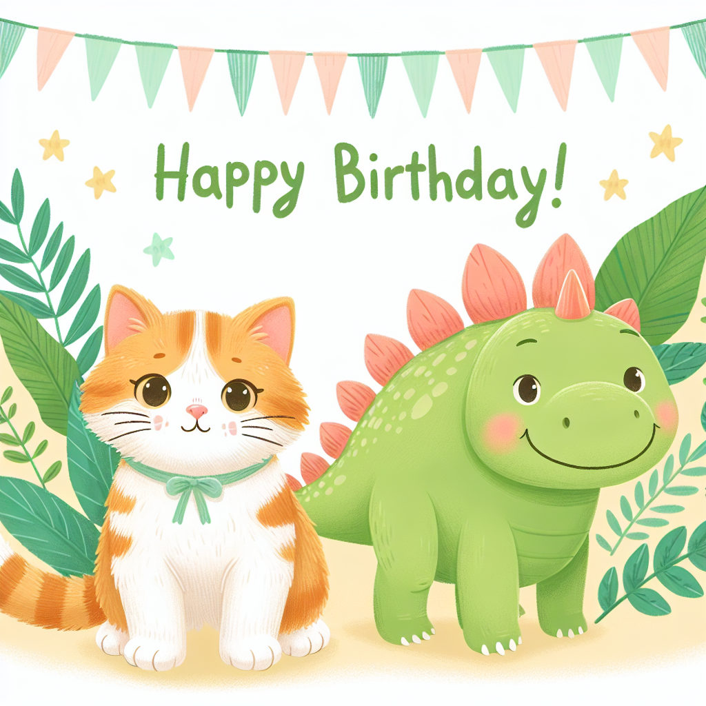 Create a delightful birthday-themed illustration showing a ginger and white cat walking alongside a cheerful dinosaur. Both the cat and the dinosaur are set against a backdrop of verdant leaves, adding a touch of the natural world surrounding them. The cat's subtle smile and the dinosaur's gentle eyes convey a sense of warmth and friendliness that resonates with the joyous and festive atmosphere of a birthday celebration.
Generated with these themes: Ginger and white cat, Dinosaur, Leaves, and Walking.
Made with ❤️ by AI.