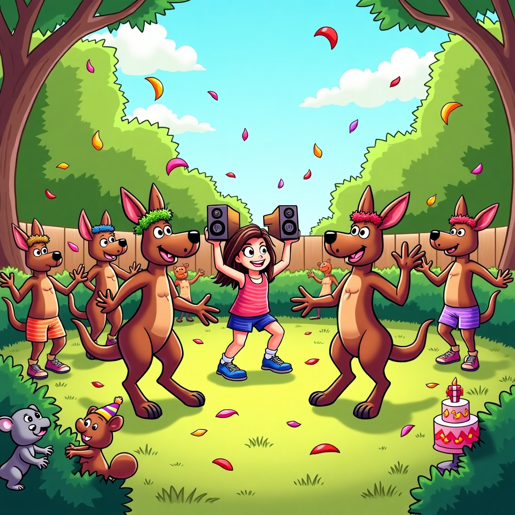 At the top of the cartoon image, "Mirella's Backyard Birthday Zumba Kangaroo-rama—Let the Moose-cles Groove!"

**Image Prompt:**

A lively cartoon scene in a sun-drenched garden, half lush Aussie outback and half leafy Canadian forest. On one side, a group of energetic kangaroos wearing colorful workout gear are mid-Zumba, flinging their arms and legs wildly to the beat. On the other, moose in headbands and leg warmers try to follow the routine, slightly off-beat but giving it their all. In the center, Mirella, wearing a Zumba instructor’s outfit with a maple leaf headband and eucalyptus earrings, holds a speaker above her head like a boombox while leading the wild dance class. Koalas and squirrels act as cheerleaders on the sidelines with pompoms made of leaves and birthday streamers. The garden is sprinkled with party decorations like balloons shaped like dumbbells and cake stands topped with mini flags of both Australia and Canada.

Confetti falls from the sky—half red and white, half green and gold—as one kangaroo dramatically fails a spin move and lands in a shrub, while a moose tries to mimic the "hip-hop salsa step" and topples over a garden gnome.

Bright, hilarious, and filled with international workout madness.
Generated with these themes: Garden, Zumba, Australia, and Canada.
Made with ❤️ by AI.