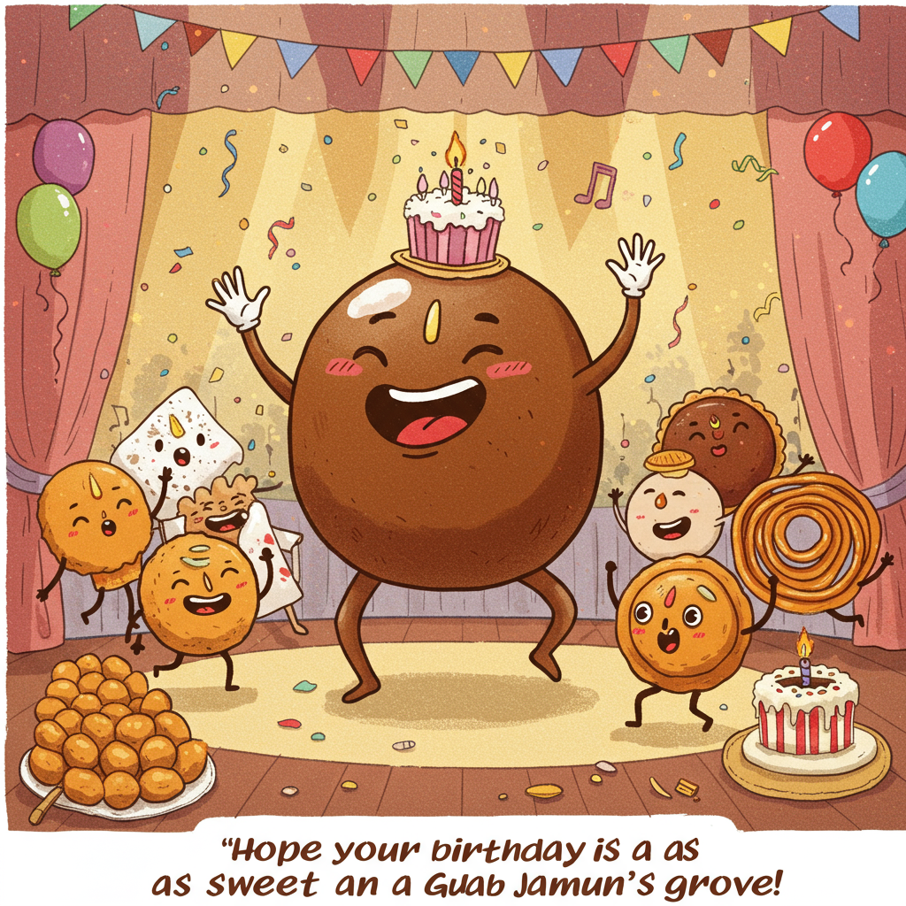 Indian sweet, Illustration , Quirky, Face, Dancing, Party, and Birthday Card