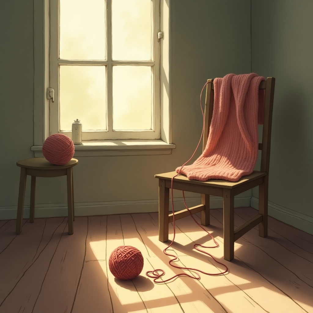 **Image Prompt:**  
A soft, illustrated scene in muted tones: a single, slightly frayed ball of yarn sits alone on an old wooden table near a window. Threads unravel gently from the ball, winding their way into the shape of a heart that rests delicately nearby. The room is bathed in quiet, golden afternoon light, casting long, gentle shadows across the wooden floor. In the background, a handmade knitted scarf is draped over the back of a chair—unfinished, with needles still attached—suggesting both the passage of time and a story not yet complete. The mood is nostalgic and reflective, evoking the quiet depth of memories and birthdays past.
Generated with these themes: Yarn.
Made with ❤️ by AI.