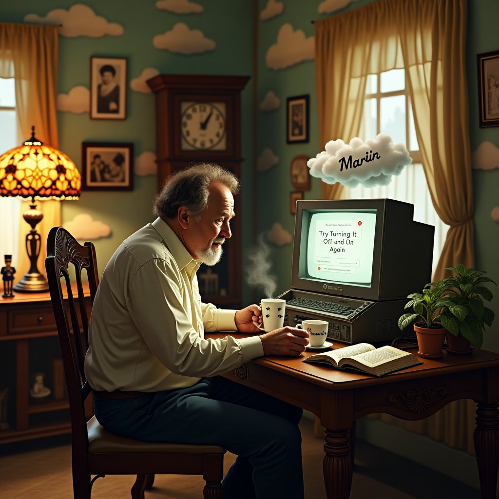 In the center of a cozy living room filled with the warm glow of nostalgia, an elder man with a short, well-maintained goatee and thick, brown hair is seated on an ornately carved wooden chair that evokes a sense of vintage elegance. The walls are adorned with sepia-toned family photographs and vintage clocks that seem to be ticking in unison with the gentle rhythm of a grandfather clock in the corner. The room is lit by a Tiffany-style lamp casting colorful patterns across the ceiling.

The elder man is hunched over an antiquated, clunky computer with a monitor that seems too large for the delicate desk it rests upon. Despite the outdated technology, there's an endearing familiarity about the setup, as if the computer has been his steadfast companion through many seasons of life. On the monitor, an error message pops up repeatedly, comically resembling a pleading puppy with wide, innocent eyes. The man, with a hint of bemusement, is holding a cup of steaming tea with the words "Try Turning it Off and On Again" humorously printed on it.

In a playful twist, the room's walls feature a whimsical mural that begins behind the computer and spirals up towards the ceiling, transforming into a dreamy sky scene. This sky is populated by fluffy, cartoonish clouds. Among these clouds, the name "Martin" is cleverly shaped using cloud formations, gently wafting above the elder man's head as if offering silent company.

On a small table beside the computer, a clutter of nostalgic knick-knacks and small potted plants rest—a toy soldier, a miniature globe, and an open book whose pages are artfully frozen mid-turn. Each item seems to narrate a chapter of Martin’s life, blending storytelling and sentimentality into this heartwarming scene. This tableau creates a humorous yet tender narrative, perfectly capturing the blend of technological hiccups and enduring memories.
Generated with these themes: Elder man, brown hair, short goatie, and Computer.
Made with ❤️ by AI.
