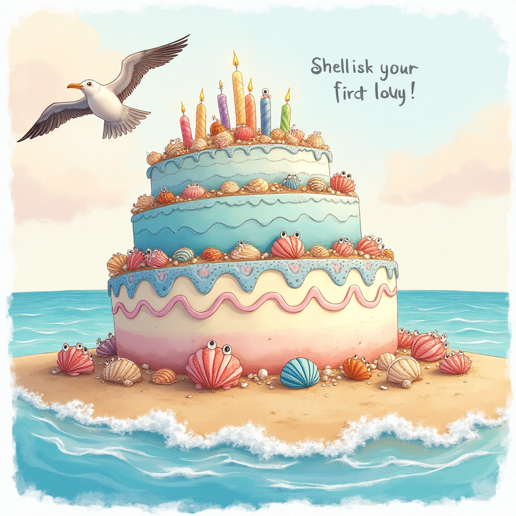 Beach, sea shells, birthday cake, and Birthday Card