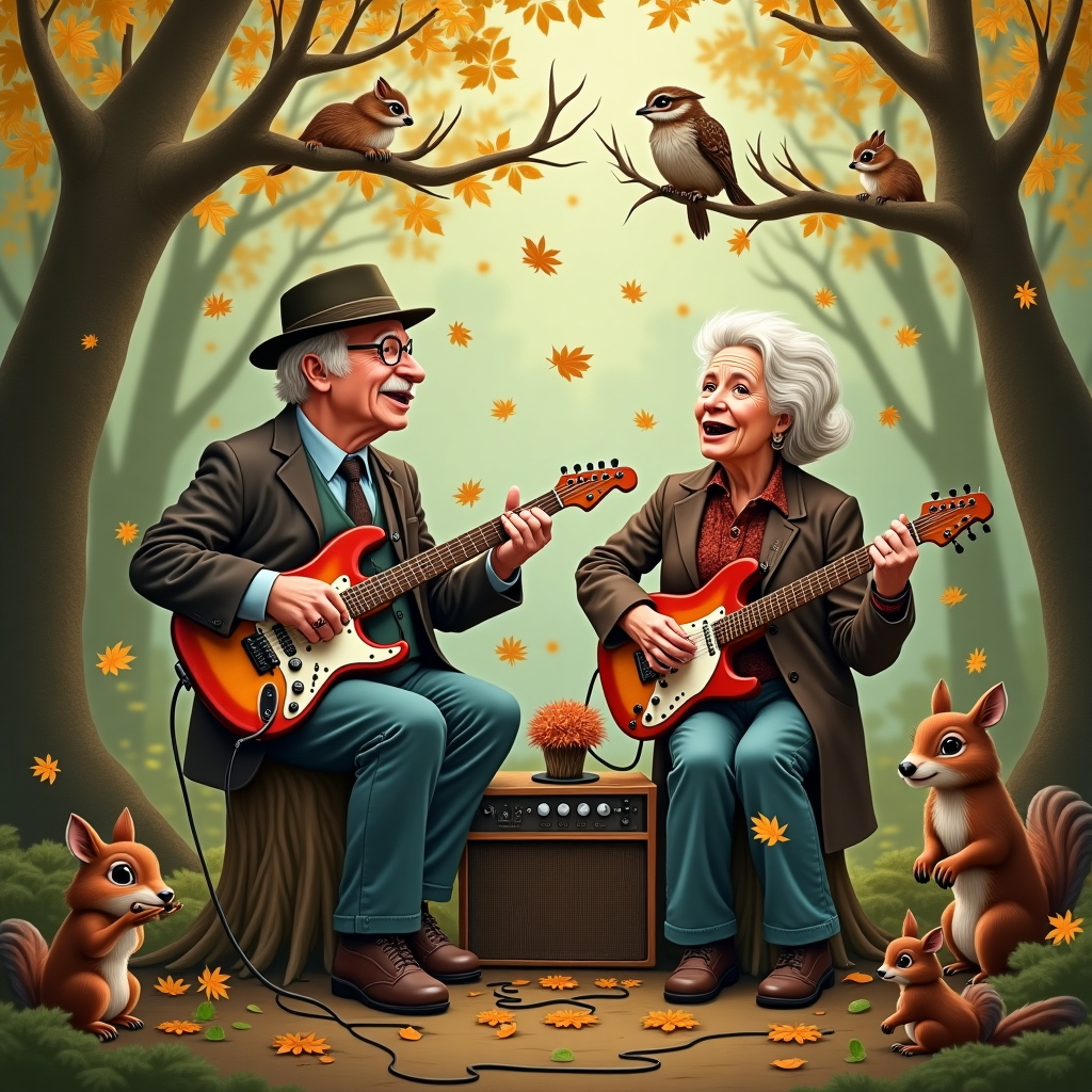 **Image Prompt:**  
A funny, realistic photograph of an elderly couple (styled as "Mom and Dad") dressed in classic rockstar outfits, jamming together in the middle of a lush forest. "Dad" is passionately shredding on an electric guitar plugged into a tree stump that's doubling as an amplifier (complete with moss-covered knobs), while "Mom" is on lead vocals using a squirrel-hollowed branch as a mic stand. Forest animals—deer, squirrels, raccoons, and a confused owl—are their enchanted audience, some clapping, others covering their ears in dramatic fashion. In the background, birds sit on treetop guitar strings stretched like bunting across branches. Fallen leaves dance in rhythm around them like nature's confetti.

**Text at the top of the image:**  
*Happy Anniversary, Mom and Dad — You Still Rock Each Otter!* 🦫🎸🌲
Generated with these themes: Guitar, and Nature.
Made with ❤️ by AI.