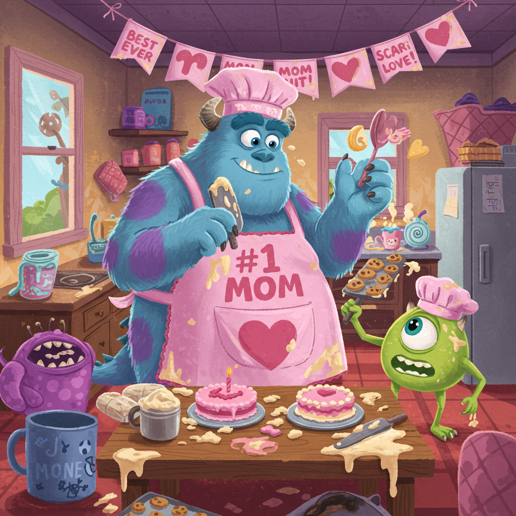 **Prompt:**

At the top of the illustration image: *"Happy Monsters Day, Mom — you scare 'em with love!"*

A colorful, humorous cartoon-style illustration set in the Monsters, Inc. universe. Sully is front and center, wearing an oversized pink “#1 Mom” apron and trying (badly) to bake a heart-shaped cake, batter flying everywhere. Mike Wazowski is off to the side holding a burned tray of cookies with an exasperated look. The background is full of playful chaos: monster-sized oven mitts, spilled flour shaped like hearts, and sticky “Best Mom Ever” banners draped awkwardly around the room. Everything is wild and warm, capturing the messy charm of motherhood—monster-style! Bright colors, bold outlines, and goofy details to make the scene laugh-out-loud funny and delightfully absurd.
Generated with these themes: Sully from monsters inc.
Made with ❤️ by AI.