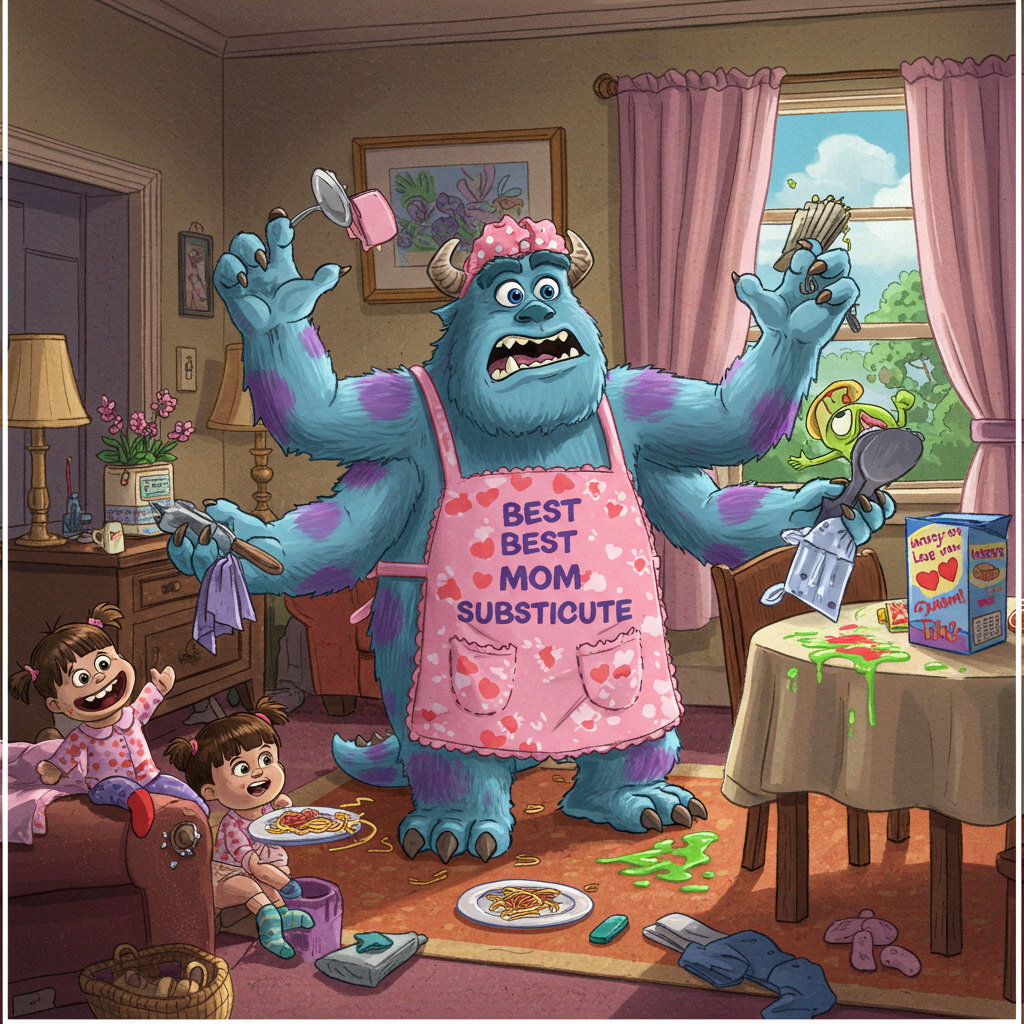 **Prompt:**  
At the top of the illustration image, write: *"Happy MONSTER'S Day, Mom!"*

**Image Description:**  
A hilarious scene unfolds in Sully’s cozy monster living room. Sully from Monsters Inc. is wearing a frilly pink apron with "Best Mom Substitute" embroidered on it. He’s juggling several arms (which are clearly not his — maybe borrowed from Mike!) while frantically trying to cook, clean, and keep a herd of wild sock-puppet "children" under control. The sock-puppets are misbehaving — one’s climbing the drapes, another's stuck in the cereal box, and a third is giving a messy finger-painting tribute that reads “We love you Mom!” in neon green slime.

Sully's fur is full of spaghetti, a diaper hangs off one horn, and he has a heroic-yet-panicked look in his eyes — the look of someone who just realized how amazing real moms truly are.

The whole scene is bursting with comedic chaos, vibrant colors, and silly little Easter eggs — like Boo’s door peeking out from behind a mountain of laundry and Mike hiding under the table pretending to help. The overall tone is playful and over-the-top, celebrating moms by showing just how *monstrously* hard their job really is!
Generated with these themes: Sully from monsters inc.
Made with ❤️ by AI.