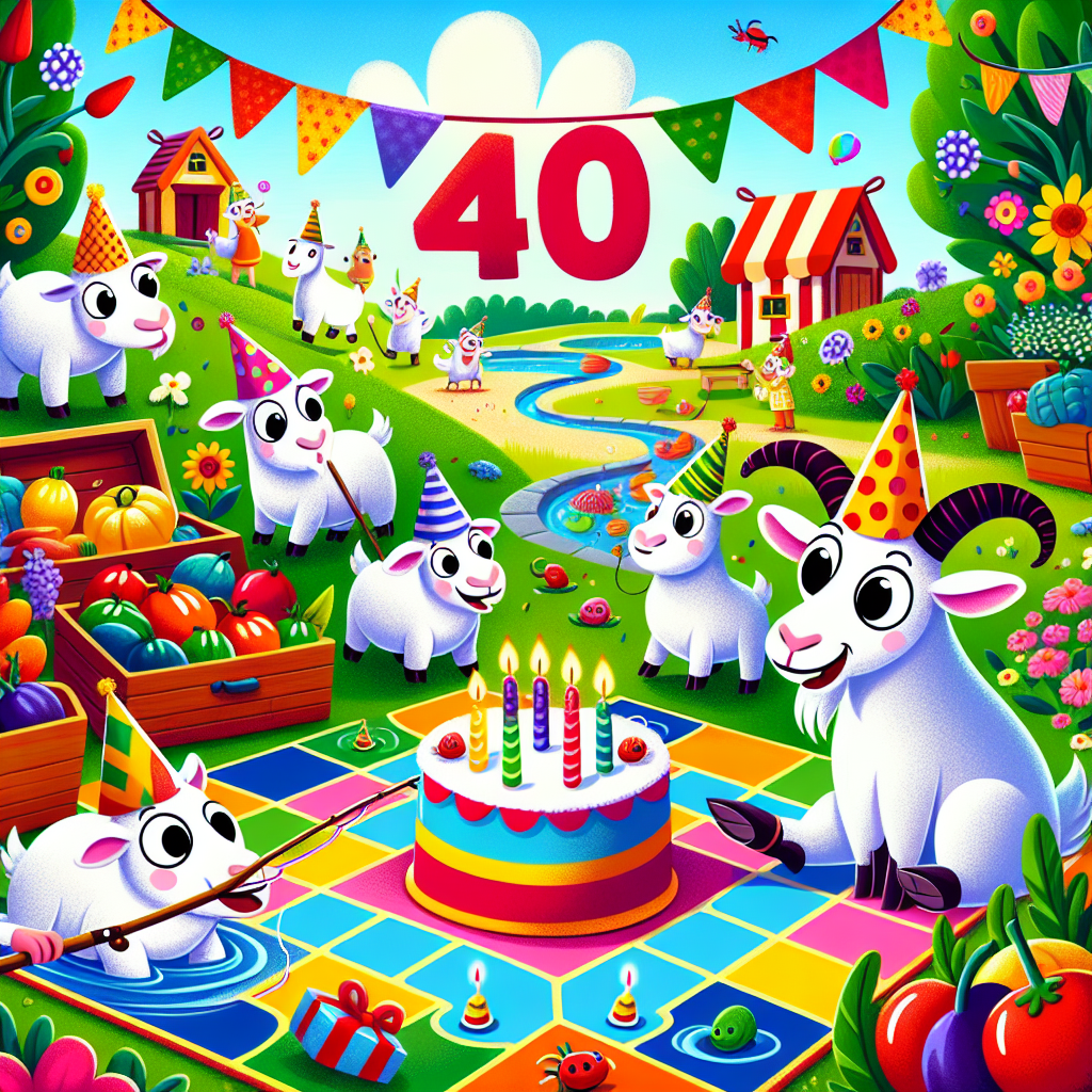 A cheery birthday imagery in a cartoon style, involves a flock of delighted goats wearing party hats. These goats are congregated around a pond, equipped with fishing rods, attempting to reel in artistic, multicolored fish. The background sets the scene in a radiant garden abundant with flowers and vegetables, signifying the notion of gardening. Positioned in the middle is a birthday cake exhibiting the age '40' in a fun typeface, encircled by goats and garden graphics. On the periphery, a small ensemble of characters are enthusiastically partaking in a game of Ludo on an oversize, vibrant, cartoon-style game board.
Generated with these themes: Goats, Fishing , Gardening, 40, and Ludo.
Made with ❤️ by AI.