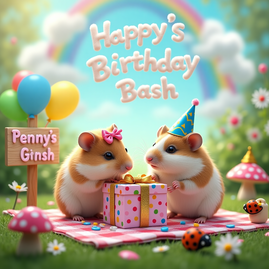 In the center of the card, two adorable, photo-realistic hamsters, one with a tiny pink bow on its head and the other with a miniature blue party hat, are eagerly tearing into a brightly wrapped birthday present. The box, adorned with vibrant polka dots and a shimmering gold ribbon, sits atop a small, intricately detailed checkered picnic blanket. Scattered around them are bits of colorful wrapping paper, confetti, and a few stray balloons lazily floating away. The backdrop is a lush, green garden with a whimsical touch – a little wooden sign reads "Penny's Birthday Bash" in playful, colorful letters, leaning slightly against a charming, miniature toadstool. In the sky above, fluffy white clouds have creatively formed to spell out "Happy Birthday Penny" in a whimsical script, as if crafted by an invisible aerial artist. On the horizon, a tiny rainbow stretches across, adding a magical touch to the joyous scene. Hidden among the daisies, a tiny ladybug peeks out, joining the party with a small slice of cake beside it.
Generated with these themes: two cute photo realistic hamsters opening a birthday present.
Made with ❤️ by AI.