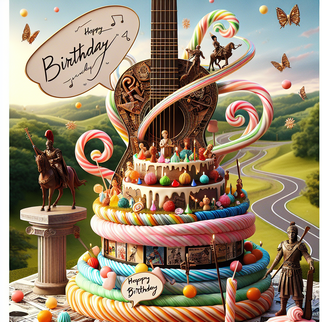 A joyous and cute birthday theme set in a realistic style. The centerpiece is an intricately designed guitar encased in a whirl of festive candy garlands, symbolizing a sweet visual melody. Balanced on the side, there are ancient warrior figurines, resembling vintage fantasy characters, posed atop towers made of comic books. Speech bubbles emanate from these figures full of warm birthday greetings. The background showcases a motif of scenic cycling trails, showcasing an affinity for biking. A subtle touch of spirituality is hinted through unidentifiable religious symbols subtly incorporated into the scene. An imaginative, upbeat yet sincere soundtrack encapsulates the atmosphere, reminiscent of prominent artists in the pop music genre.
Generated with these themes: Guitar, Candy, Masters of the Universe , Comic Books, Cycling, Jesus, and Taylor Swift.
Made with ❤️ by AI.