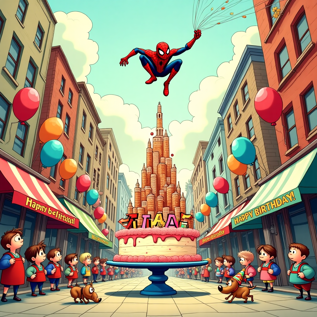 In the whimsical world of this birthday card cover, Elijah is at the heart of a bustling, joyful scene that marries the playful essence of cartoon art with the adventurous spirit of Spider-Man. Imagine a vibrant cityscape backdrop inspired by a mashup of Schulz’s simple charm and Watterson’s dynamic layouts, with buildings sketched in a lively, comic style. Perched atop the highest building is Spider-Man, swinging gracefully across the scene, his iconic red and blue costume contrasted against a pastel-colored sky. 

Below him, a lively street party is in full swing, filled with cartoonish characters reminiscent of Disney's expressive features. The street is lined with festive stalls selling cotton candy and balloons, each with a unique, quirky design inspired by The Far Side's humor. In the center, an enormous birthday cake shaped like the New York skyline is set on a table. The cake is decorated with frosting webs and a tiny edible Spider-Man perched at the very top. 

Above this cake, floating on string, are large, colorful balloons that spell out "Happy Birthday, Elijah" in a style that echoes the elegant yet playful lettering found in Eisner’s graphic novels. Further enhancing the sense of celebration, there are bunting banners draped across lampposts with "Elijah" painted in bold, cheerful letters that resemble the energetic, hand-drawn lettering style found in comic strips.

In the foreground, a group of animated characters resembling those from Hergé’s Tintin gather around, each holding a slice of the Spider-Man cake, chatting animatedly as a small, mischievous dog reminiscent of McCay’s whimsical creatures, dances around their feet with a party hat adorning its head. The scene bursts with vivid color and life, inviting viewers to linger over the intricate details and join the celebration of Elijah’s special day.
Generated with these themes: Spider-Man.
Made with ❤️ by AI.